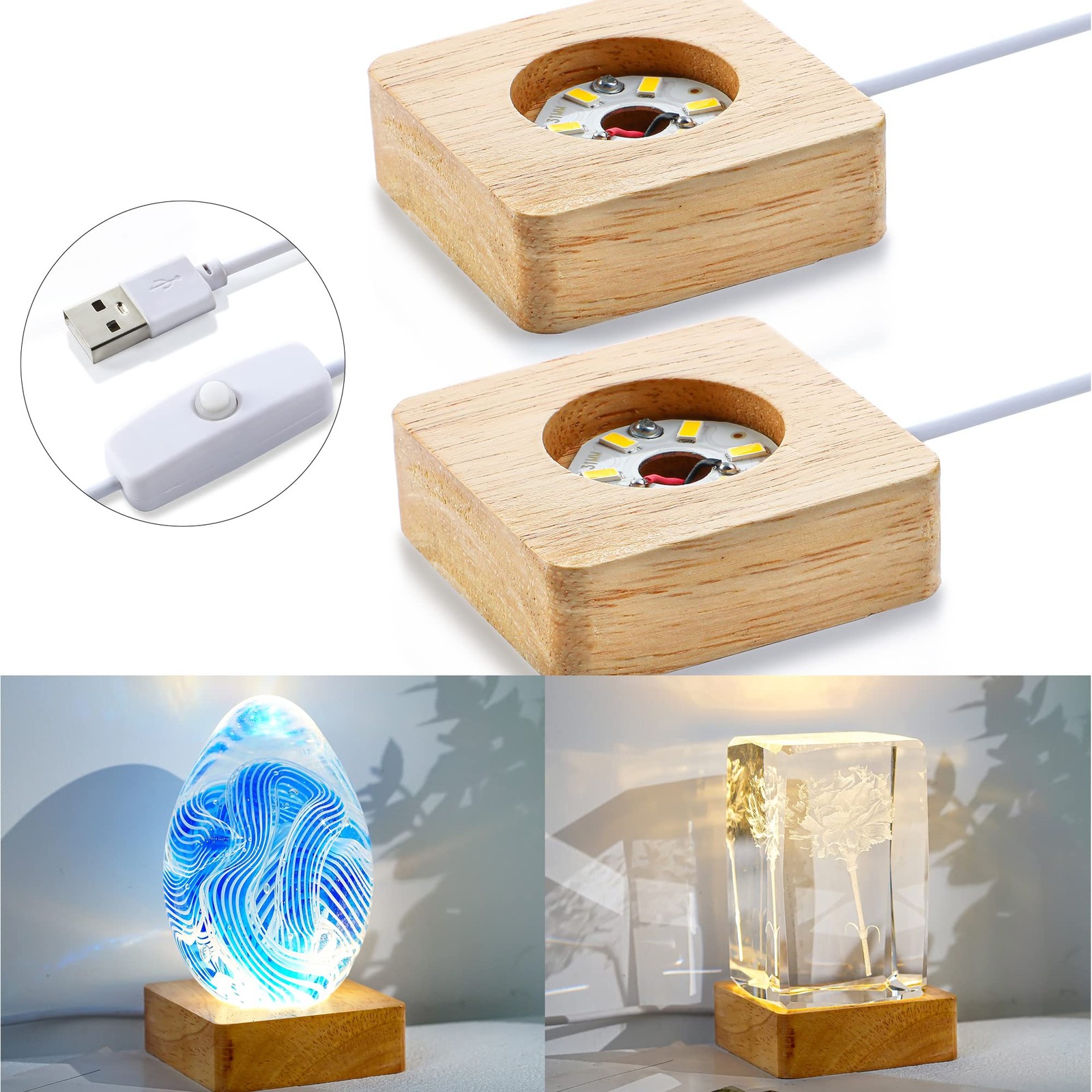Pack 2 Wooden LED Light Display Base 2.3in Crystal Glass Light Base Stand Woo…