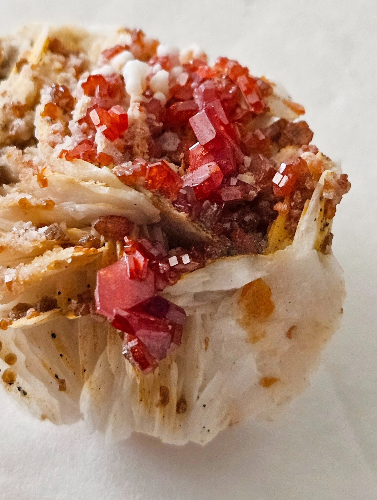 Red and Brown Vanadinite Crystals on white Barite – Mibladen, Morocco