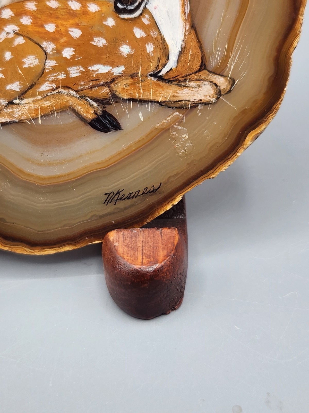 Deer Hand Painted On Geode Stone Slab Signed 5×5.25″