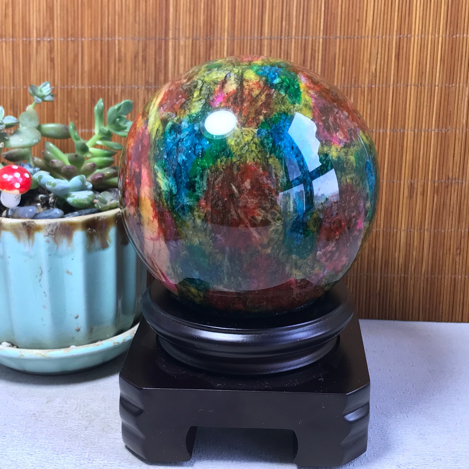 Natural “Seven Colors Jade” sphere Ball -Taiwan China 1.85kg Base Random A5809