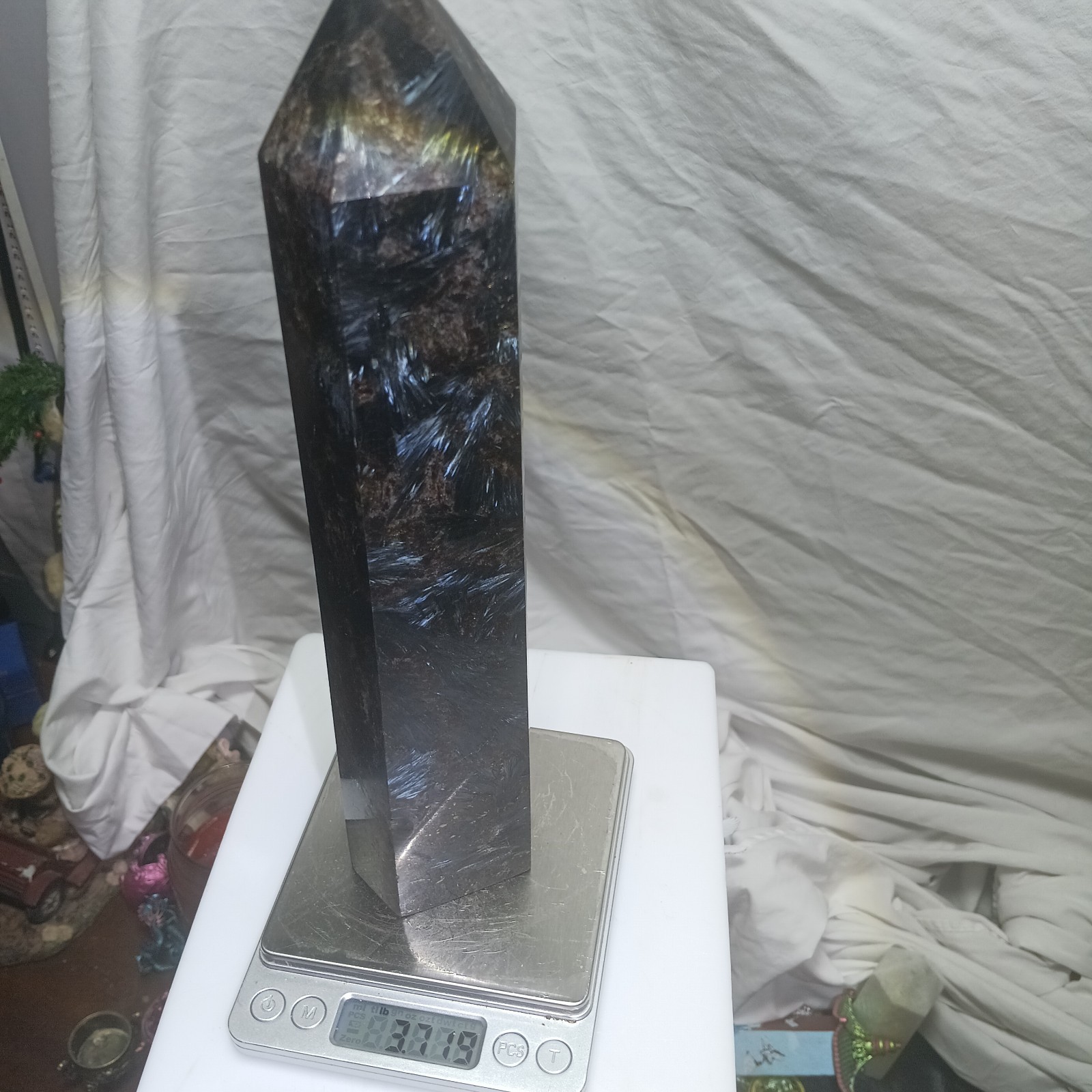 10.5″ Arfvedsonite Firework Quartz Crystal Tower Blue Silver Flash 3.7 lb XL