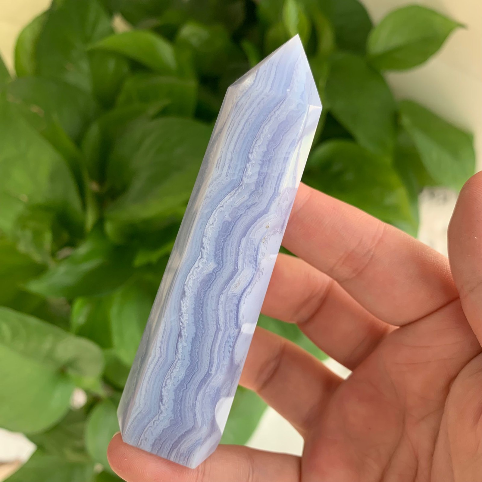 93g Blue Lace Agate Obelisk Point Healing Crystal Stone Sacred Geometry Decor