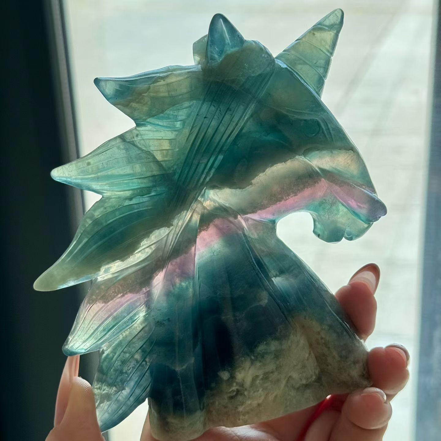 1PC Natural fluorite carved unicorn Skull quartz crystal reiki healing Gem Gift
