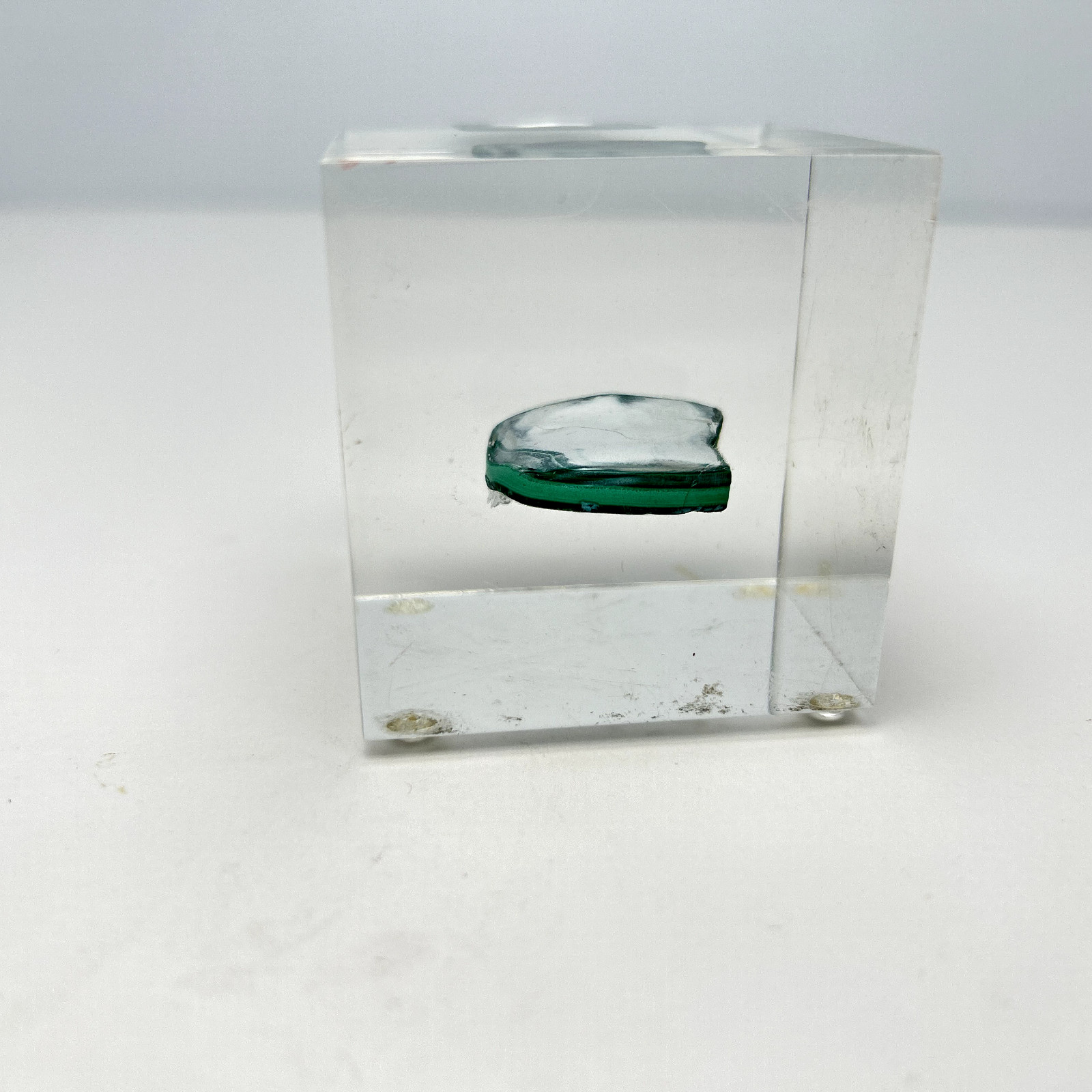 Polished Malachite Acrylic Lucite Paperweight Cube 2″