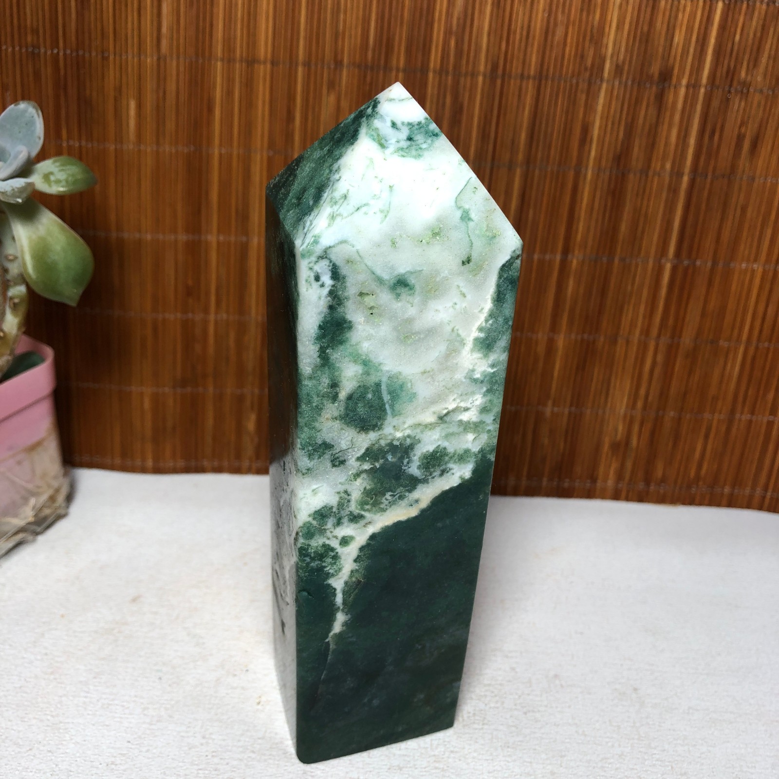 150mm Natural Polish Moss Agate Multiple veins Crystal Wand free standing A2284