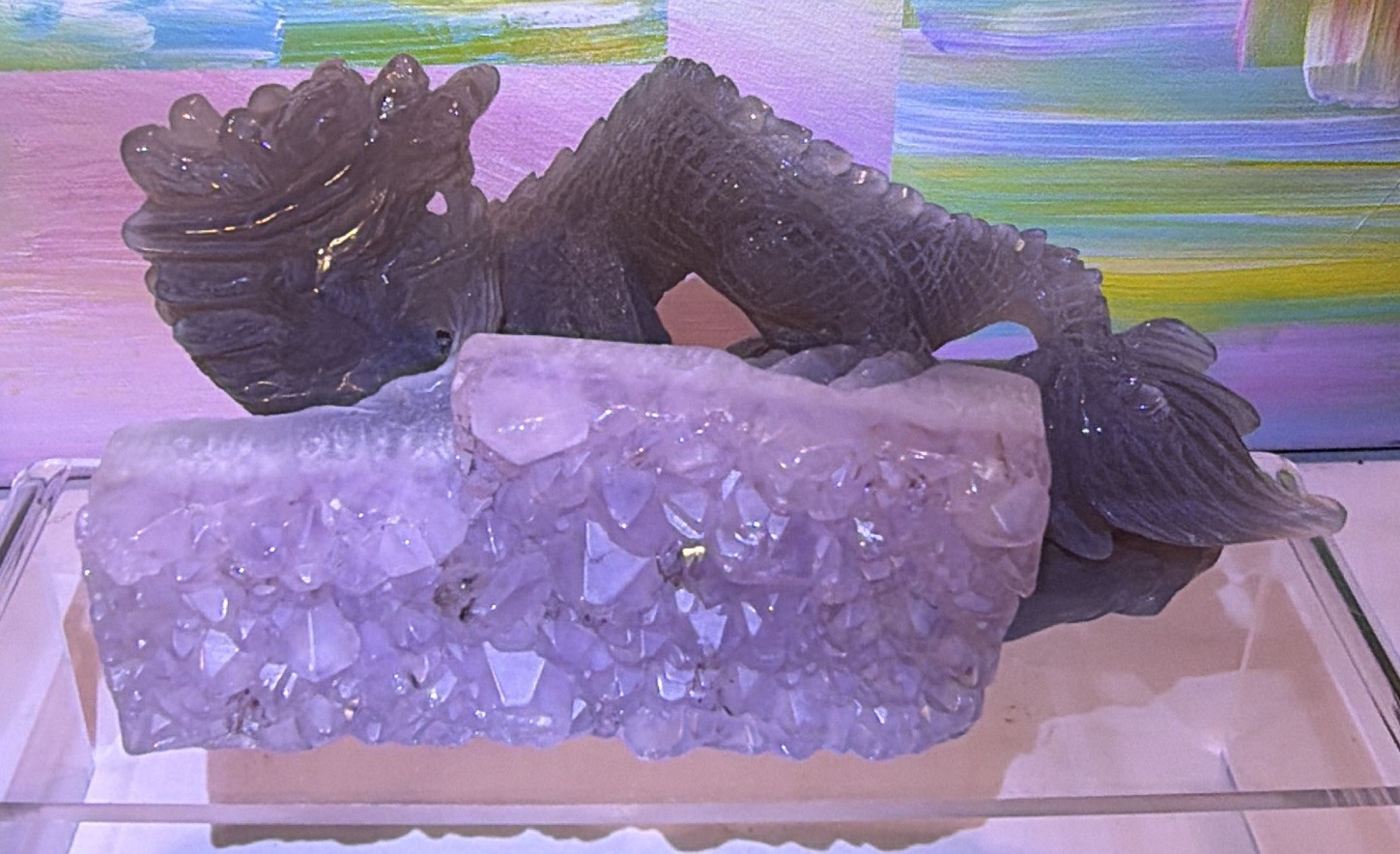 Carved Dragon Figure on Quartz Crystal Cluster Base Decorator Piece, 6 in