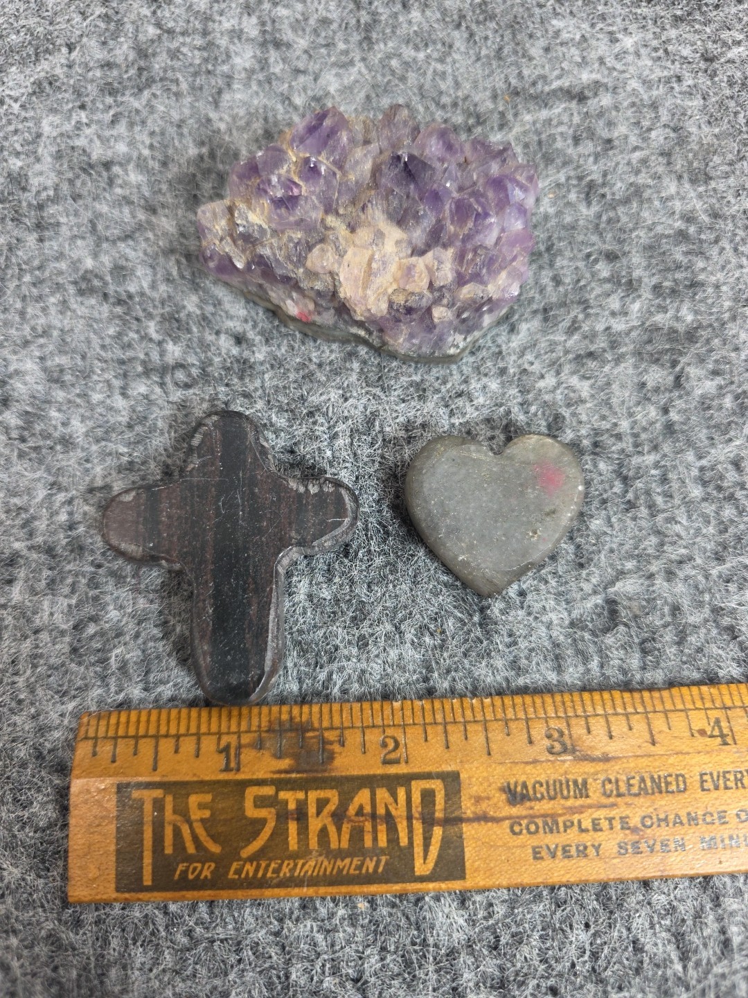 Amethyst Crystal Cluster Lot w Obsidian Cross & Gray Heart Carved Stones
