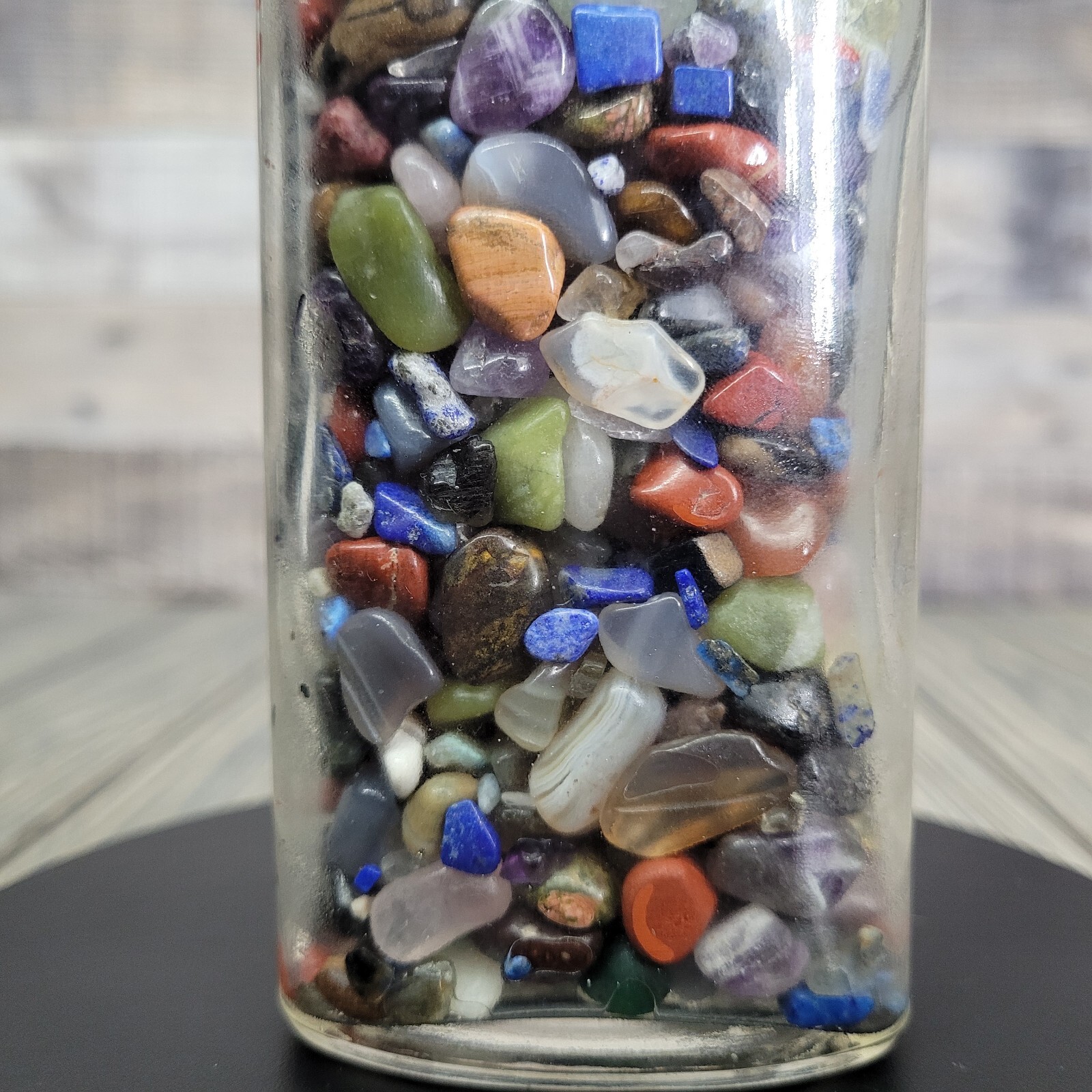 12oz Mixed Crystals in Vintage Apothecary Glass Medicine Bottle Jar Rock Tumbles