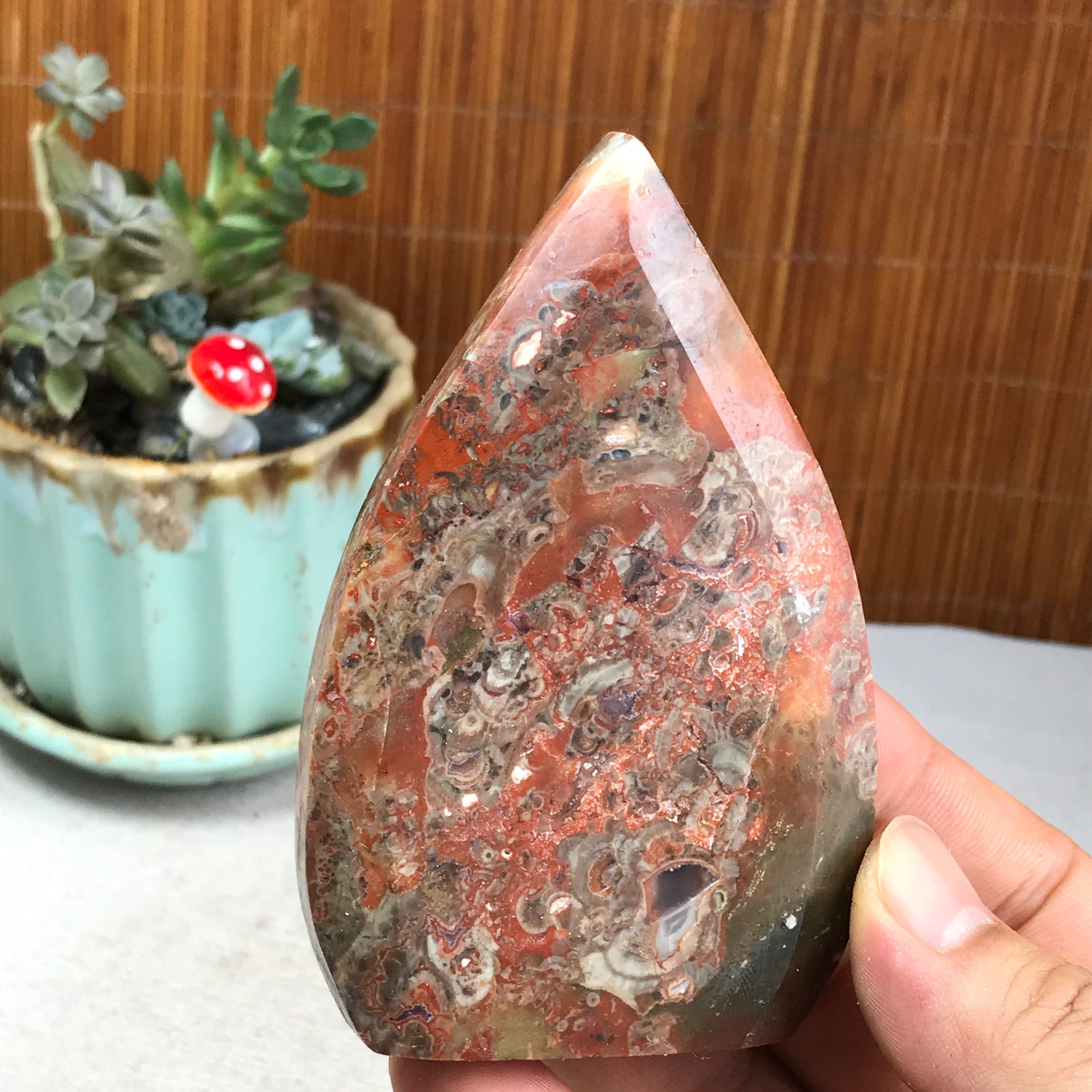 Natural money Mexico agate hand carve leaf Crystal Specimen free standing A6274