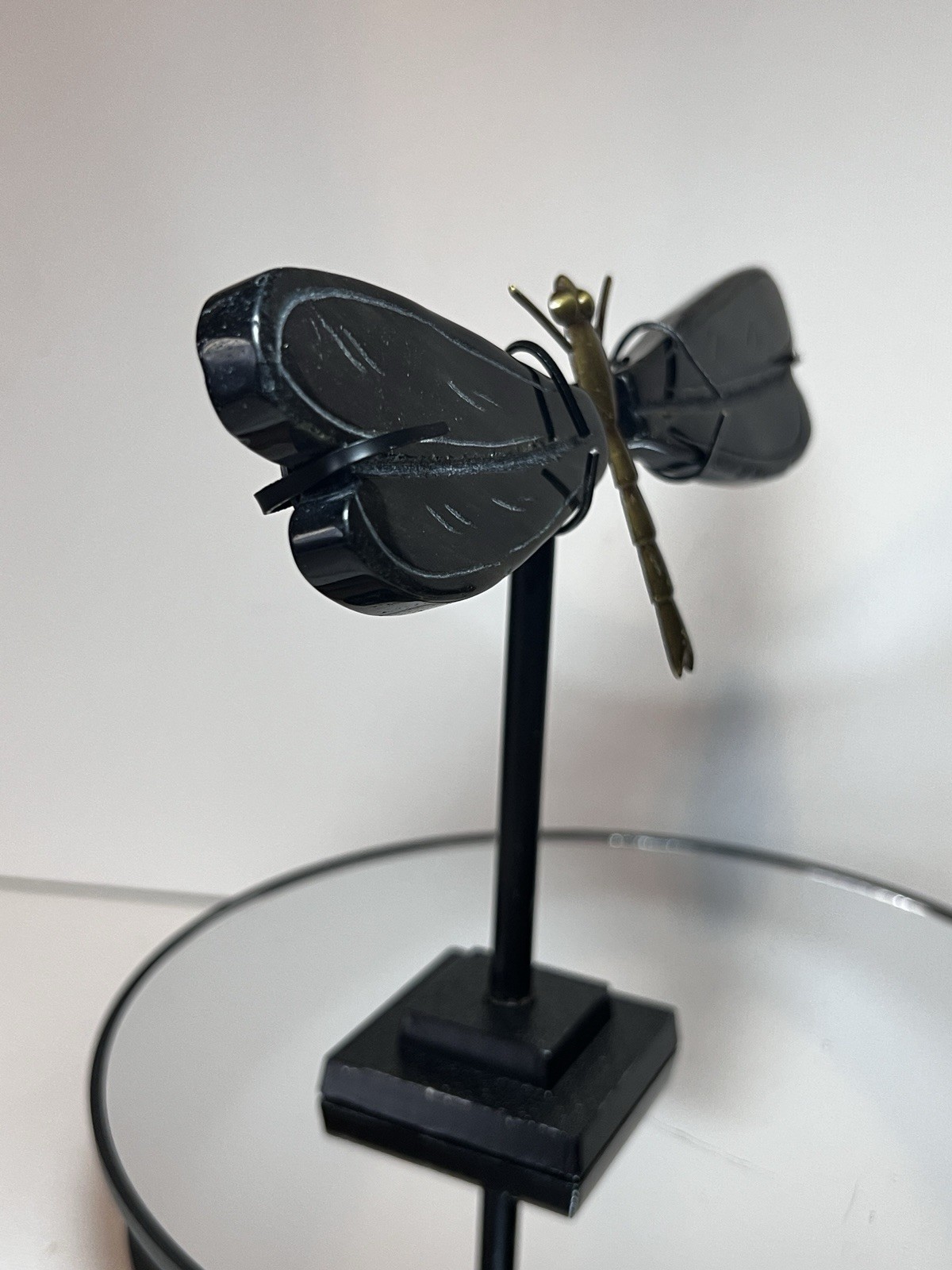 Golden Sheen Obsidian Dragon Fly Carving W/Holder – Measurements In Photos