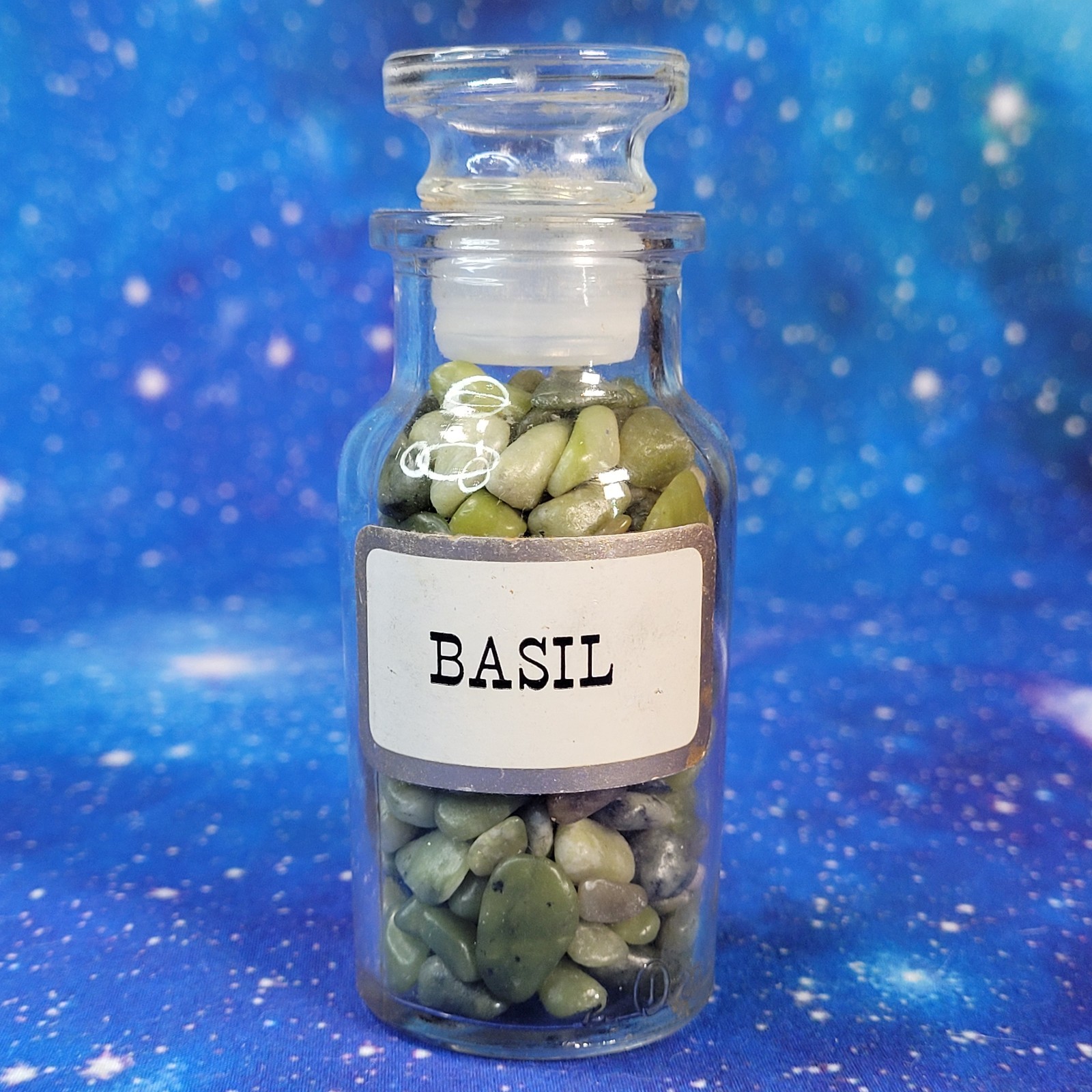 4oz Serpentine Crystal Tumbles in Apothecary Vintage Glass Jar Wagner Spice