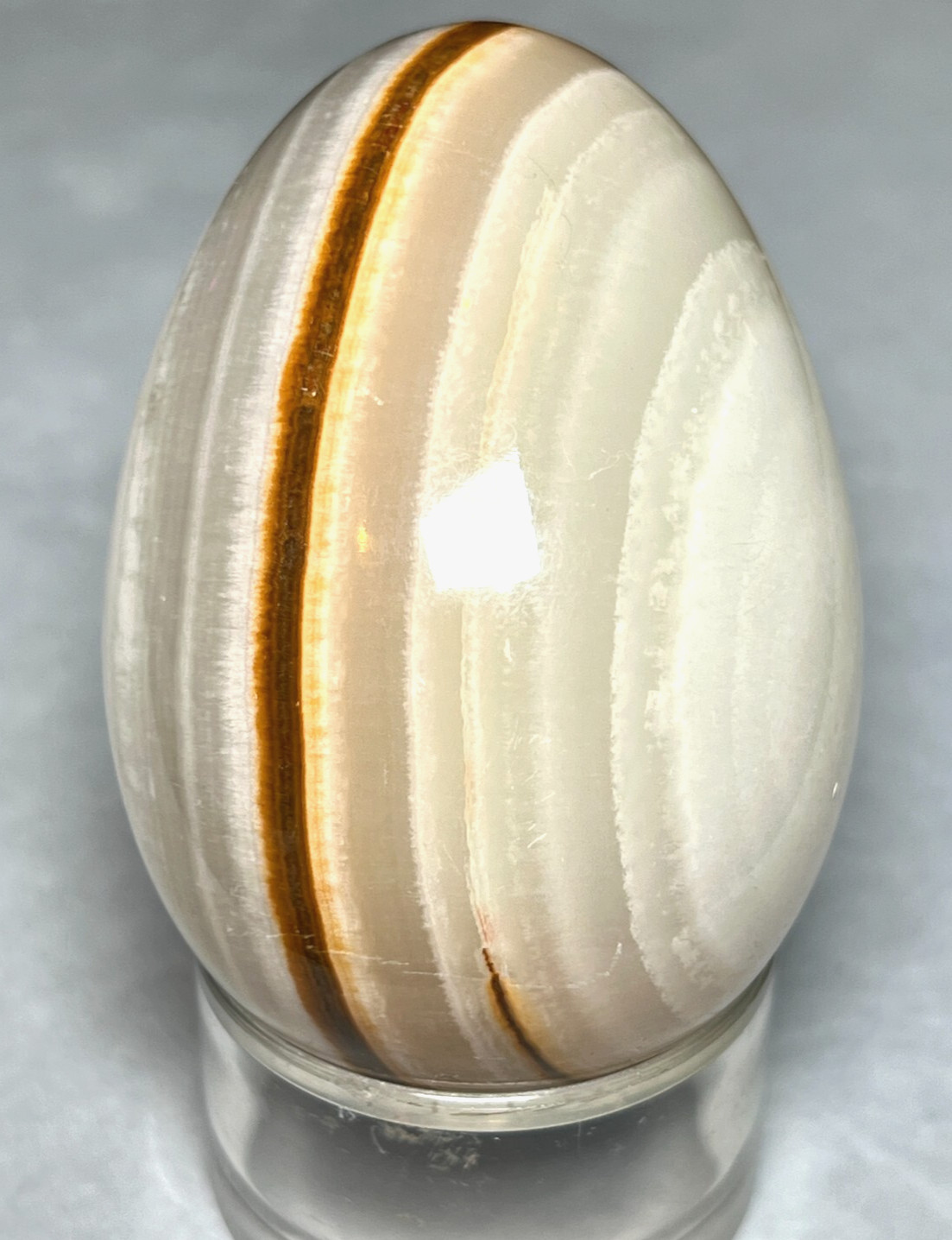 Vintage Natural Gemstone Onyx Agate Carved Polished Stone Egg Plastic Base Stand