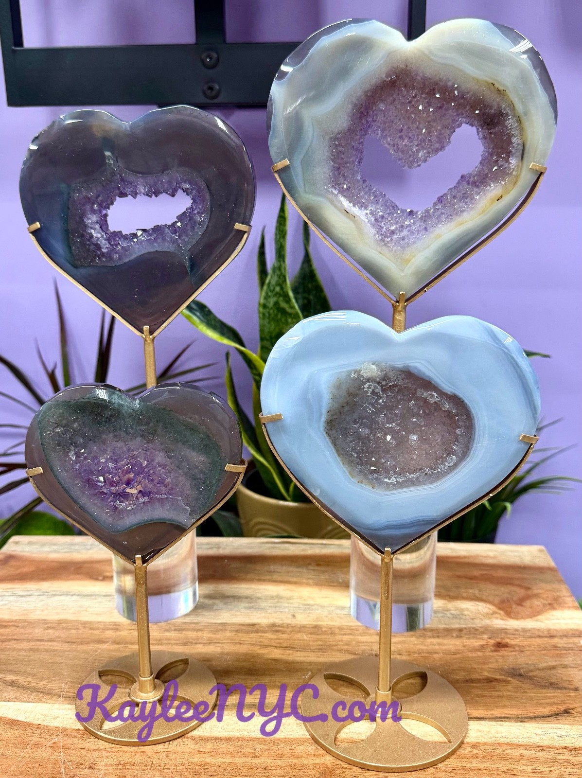 Wholesale Lot 4 Pcs Natural Amethyst Agate Heart Crystal W/stand Healing