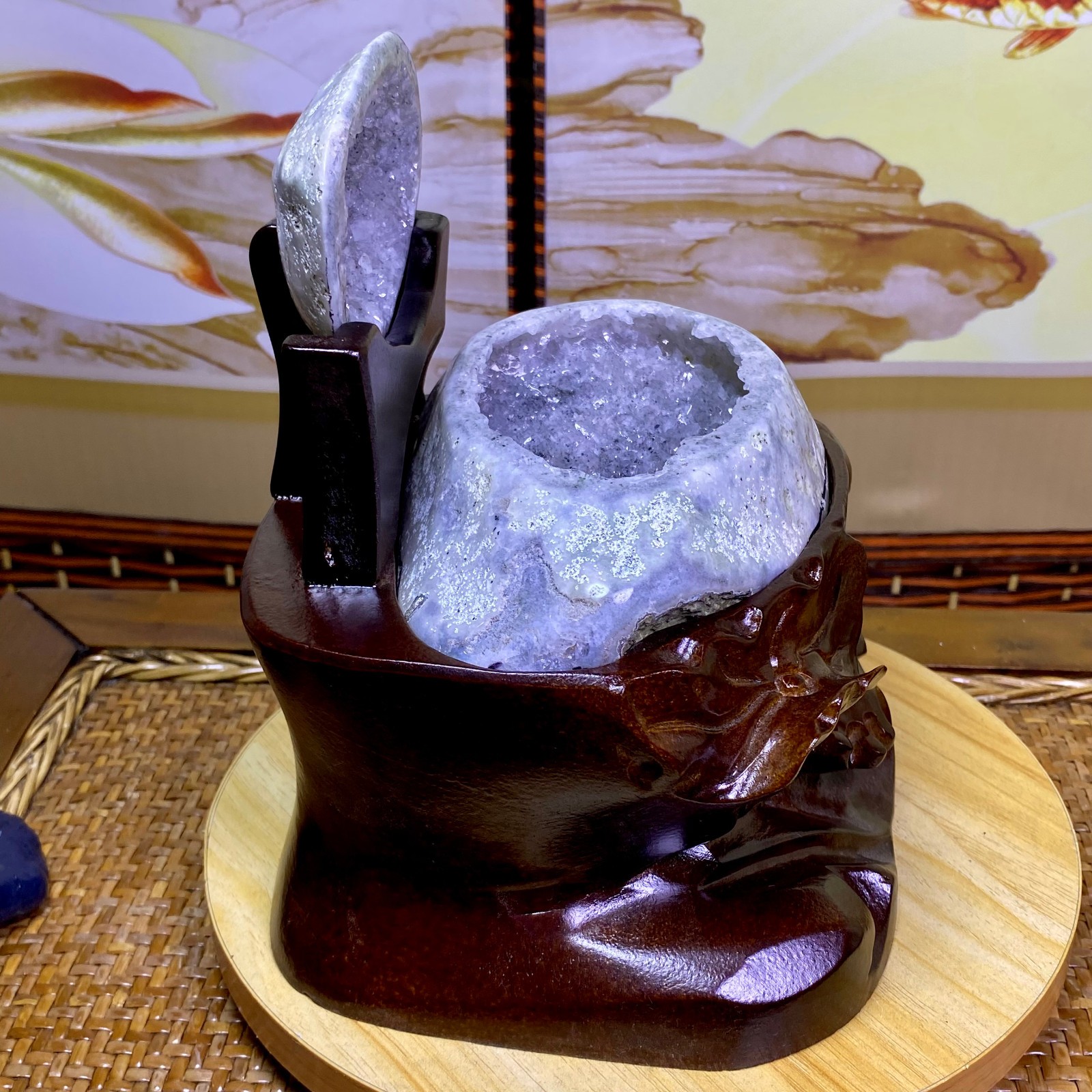 5.15LB Natural Amethyst Geode Quartz Crystal Cornucopia Mineral Specimen +Stand