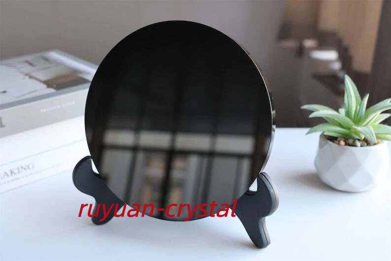 Natural Obsidian Mirror,Obsidian Wafer,Crystal Disk,Reiki Crystal Gift + stand