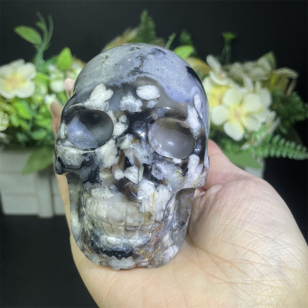 1.6LB 3.5″ Black Flower Agate Skull Carved Crystal Quartz Decor Reiki Gift