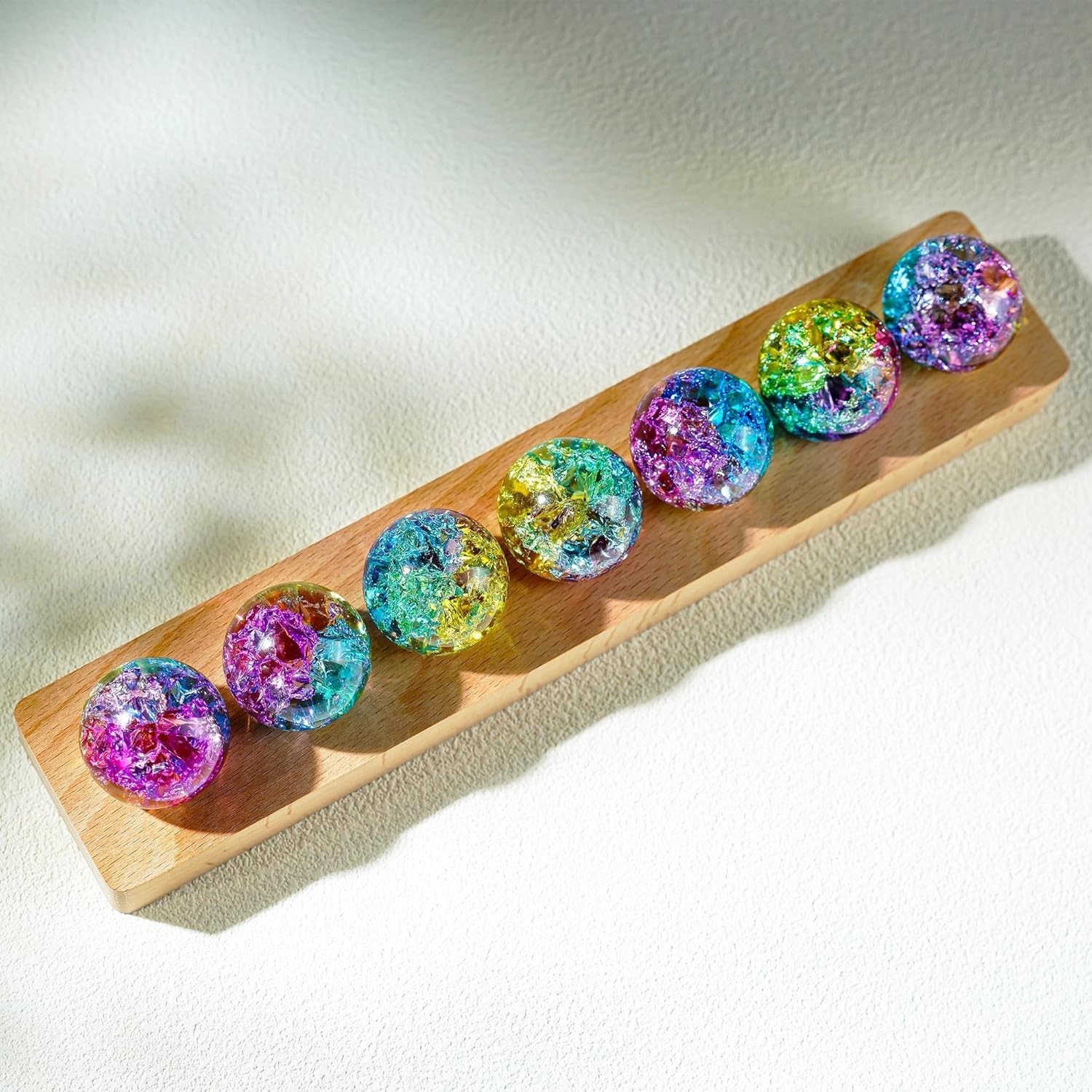 7pc Colorful Glass Healing Spheres with LED Wooden Stand Night Light
