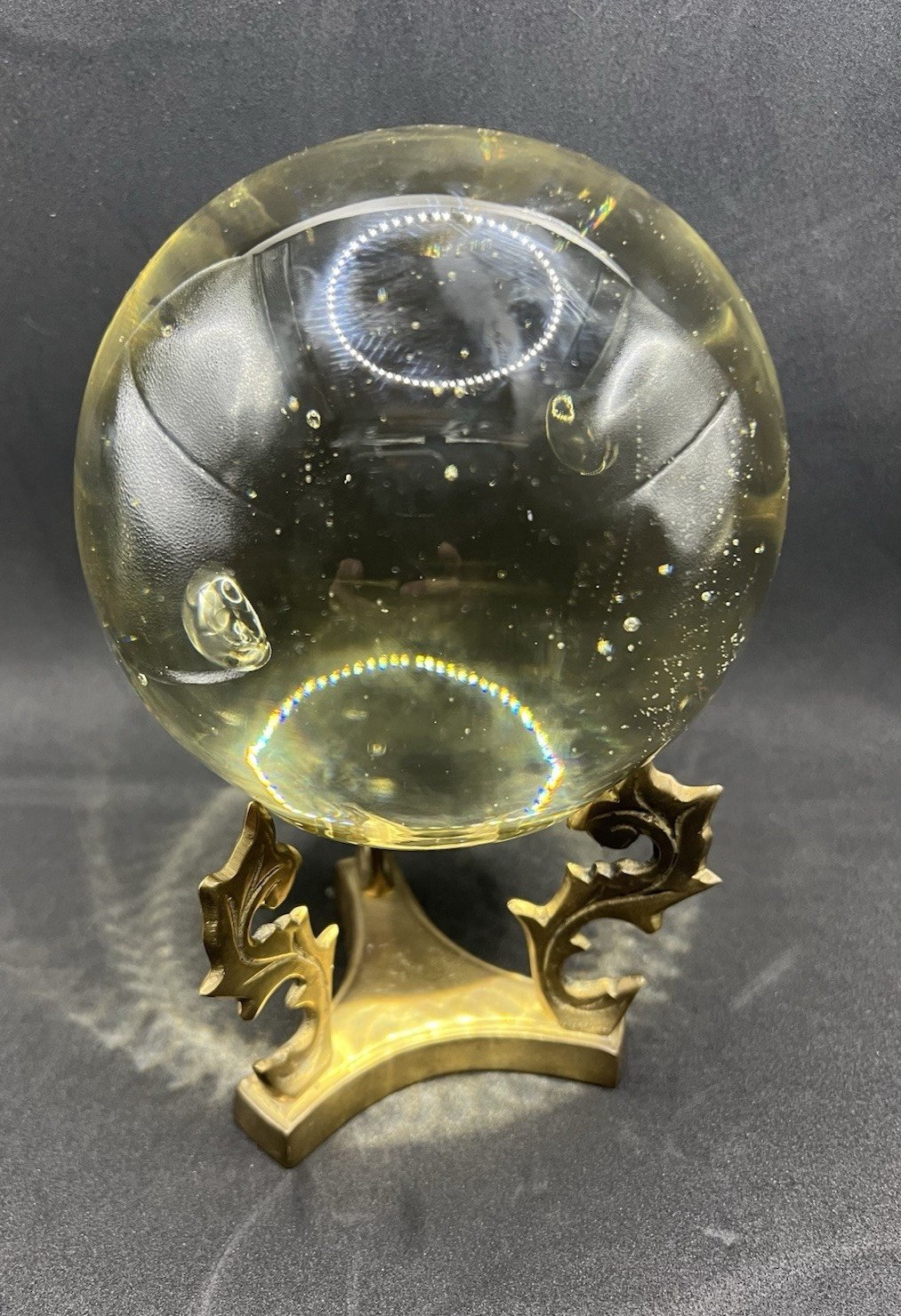Vintage Clear Orb Crystal Magnifying Ball w Brass Base Stand 7″ tall Bubbles