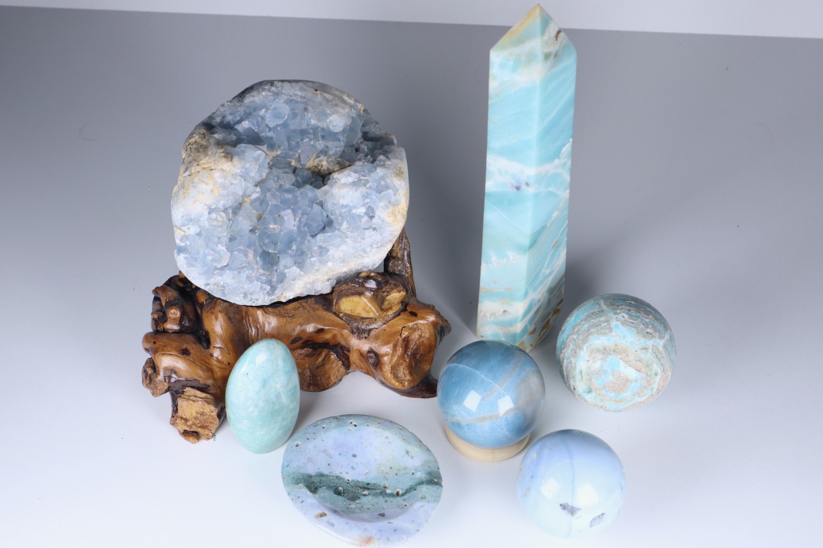 Large BLUE CRYSTAL LOT Celestite Angelite Caribbean Calcite Tower Amazonite