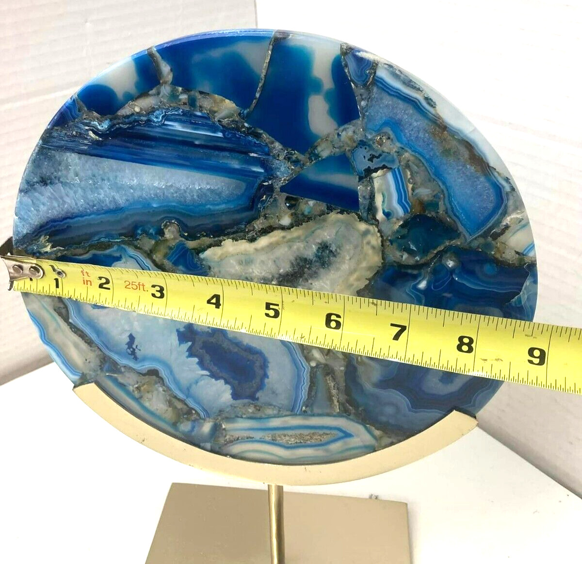 Blue Dyed Agate Slice on Steel Stand 9 Inch Modern Decorative Stone Zodax Style
