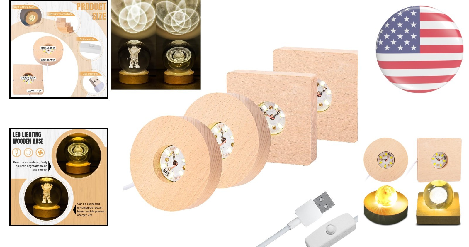 Elegant 4pcs Wooden Light Base for Crystal Displays – USB LED Pedestal Stand