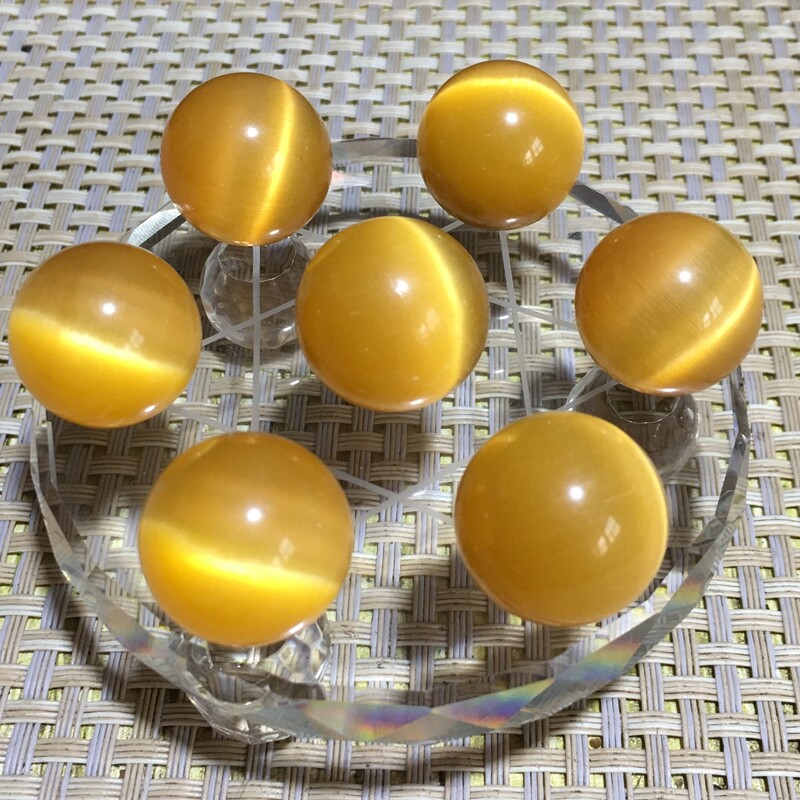 7pcs 20mm Grade A yellow Glass cat’s eye ball Sphere healing crystal +base r608