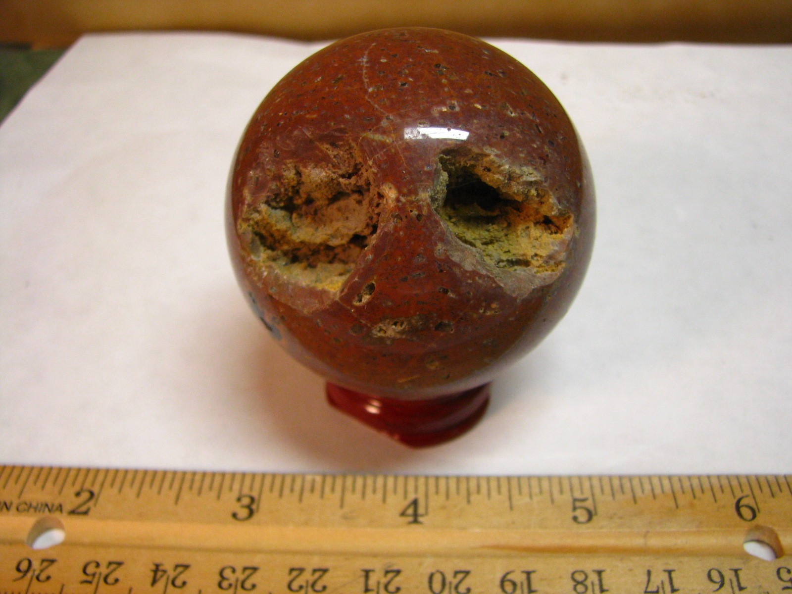 .43lb 2.15inch JASPER SPHERE RED & BLACK CHALCEDONY W/WOOD STAND MADAGASCAR #247