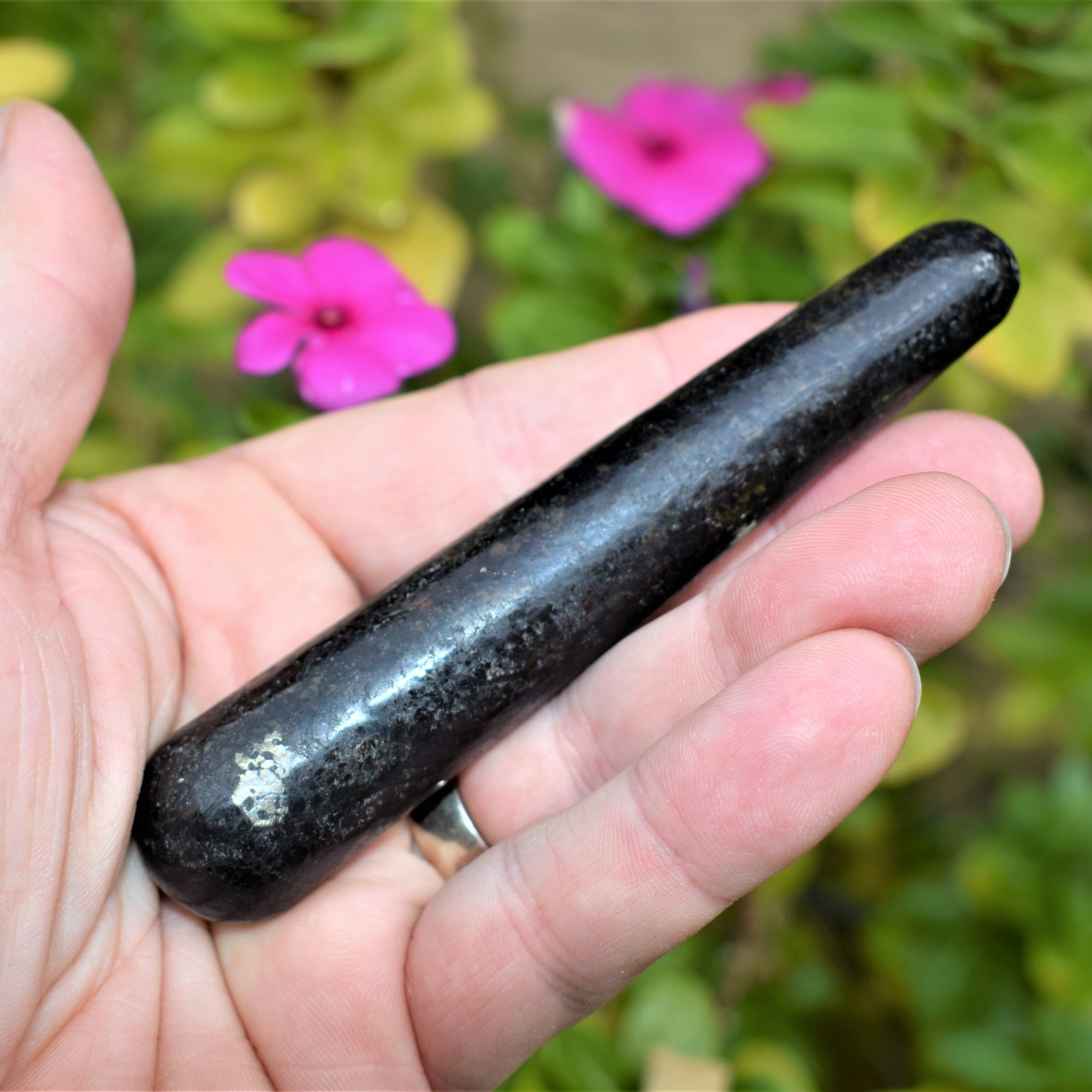 Charged 4″ Starburst Flash Nuummite Crystal Massage Wand + Selenite Heart ~70g