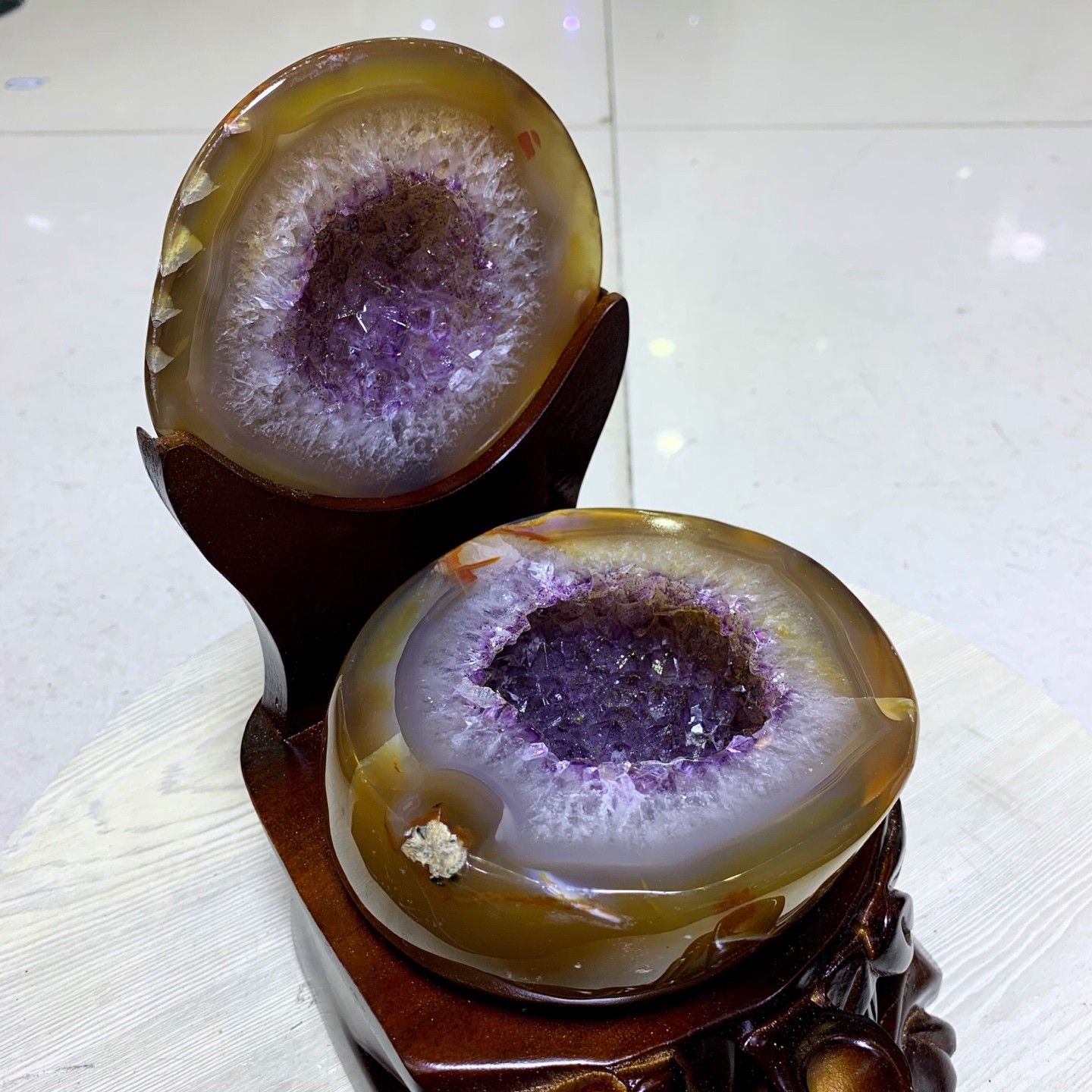 Agate Amethyst Crystal Geode Treasure Bowl with Wood Stand Healing Decor