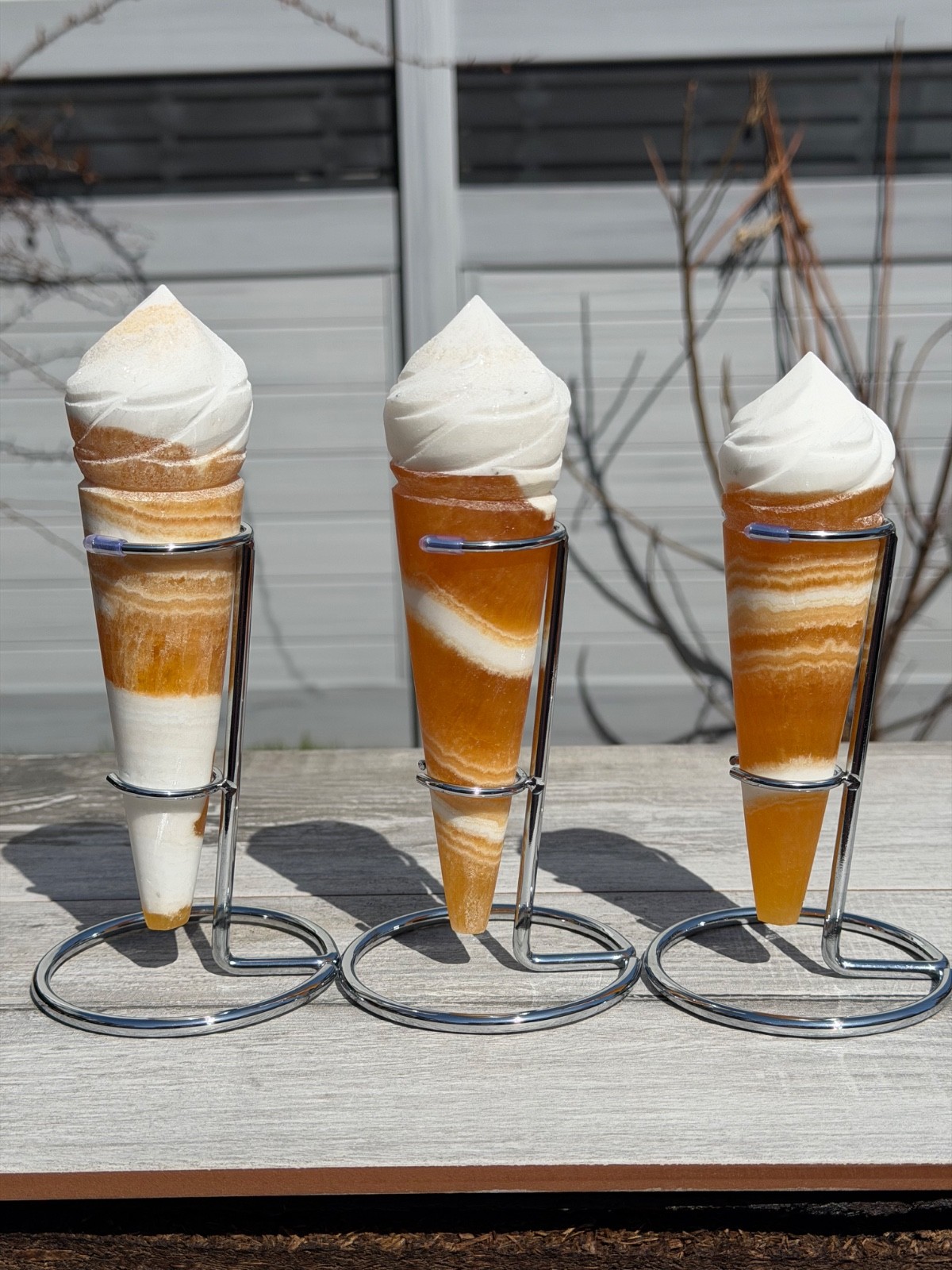 Wholesale 3-4 Pcs Natural Orange Calcite Ice Cream Cone With Rhodium Metal stand
