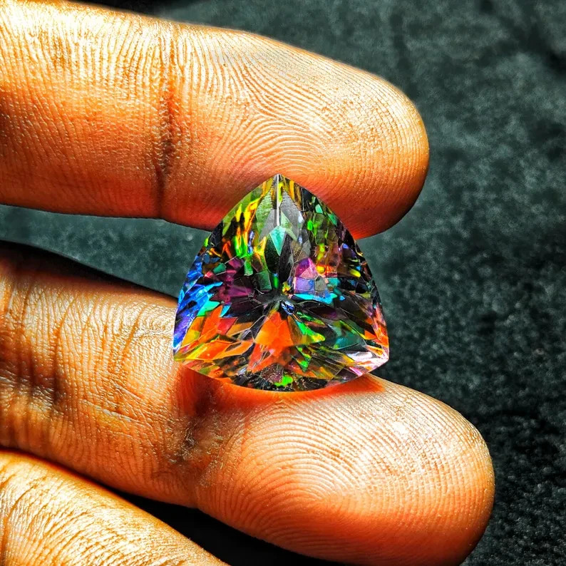 AAA 70.2 Ct+ Natural Rainbow Mystic Topaz Trillion Cut Loose Gemstone Certified