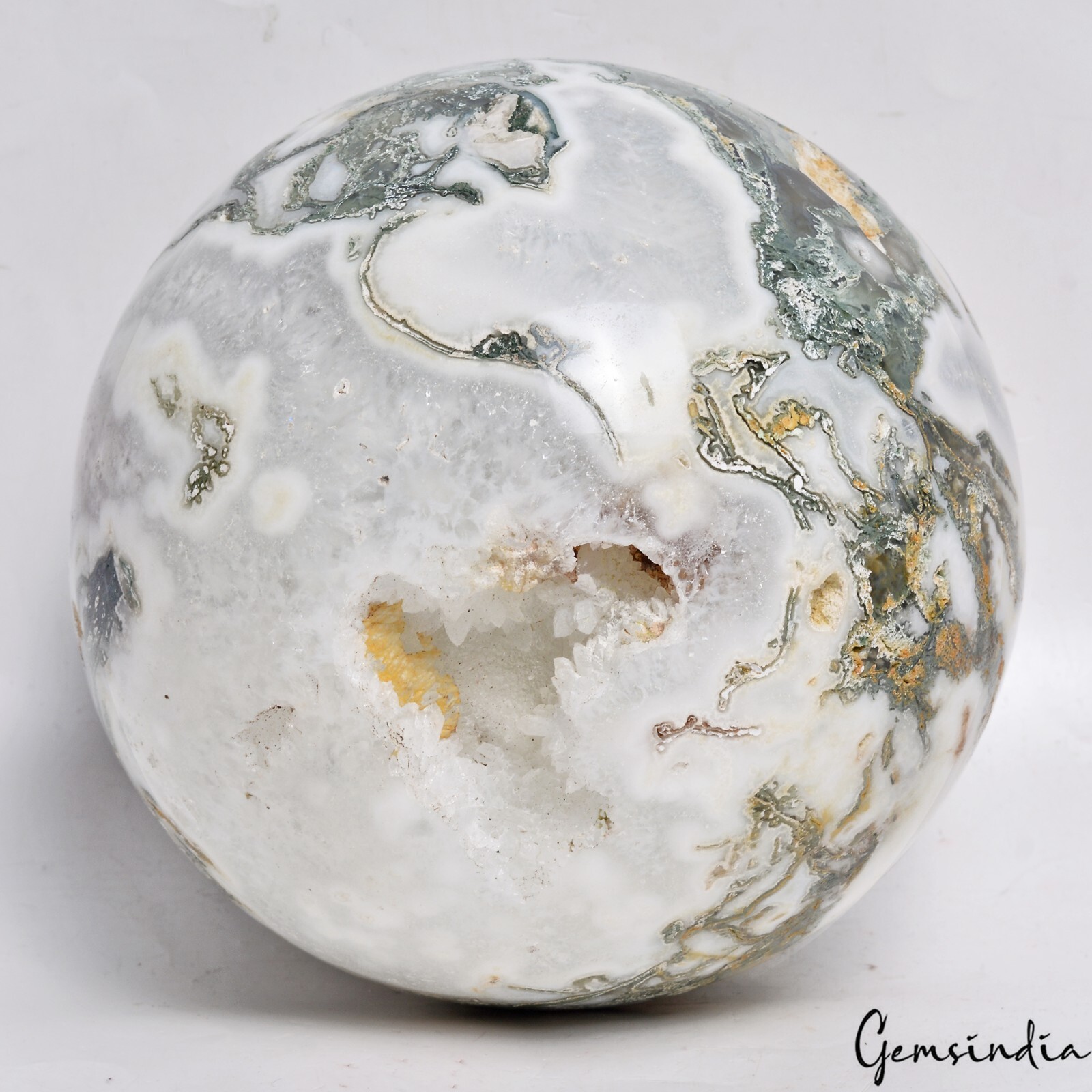 2.7 Kg Natural Moss Agate Crystal Druzy Sphere With Wood Stand 5″ Round Ball