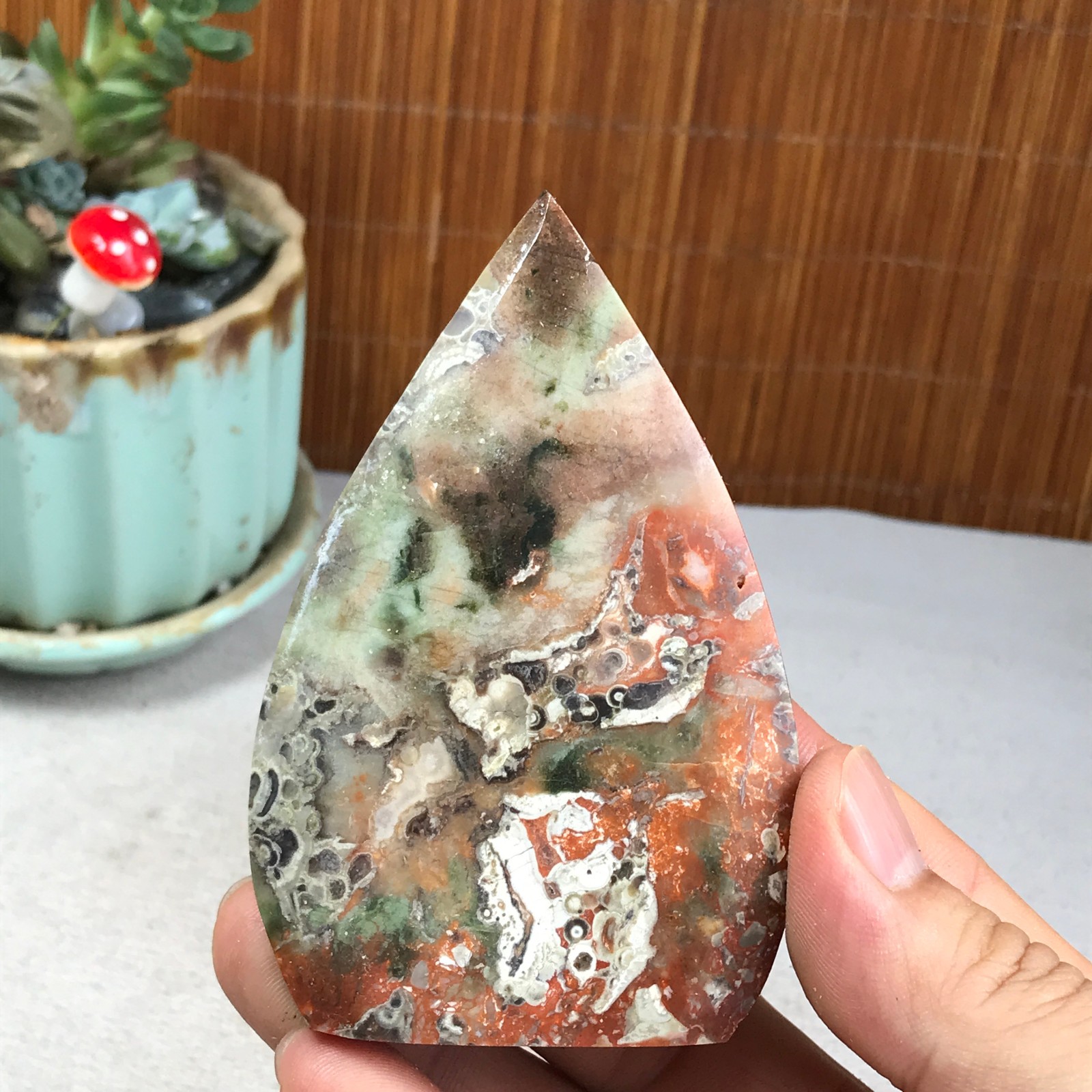 Natural money Mexico agate hand carve leaf Crystal Specimen free standing A6271