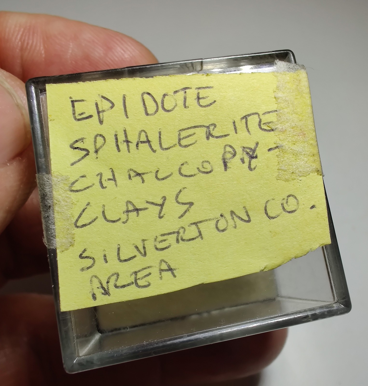Epidote, Sphalerite, Chalcopyrite crystals etc. Silverton, Colorado. 2.2 cm.