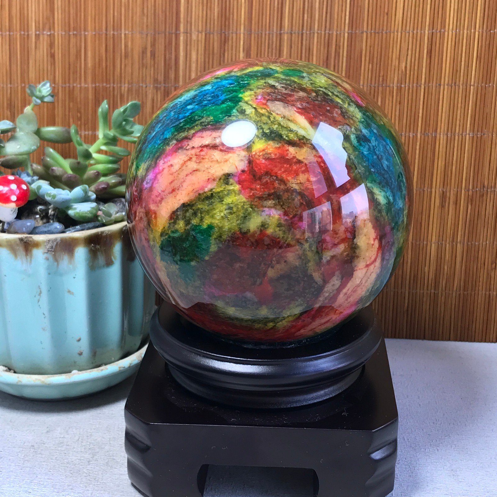 Natural “Seven Colors Jade” sphere Ball -Taiwan China 1.85kg Base Random A5809