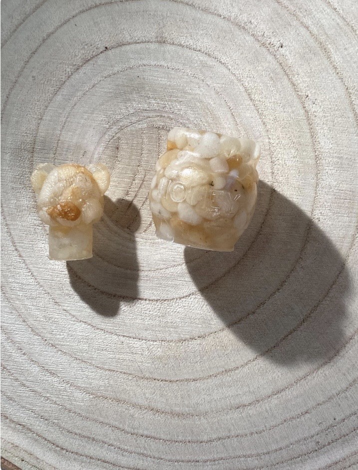 Authentic Carved Amber Calcite Crystal, Bear In Honey Pot, Home Decoration