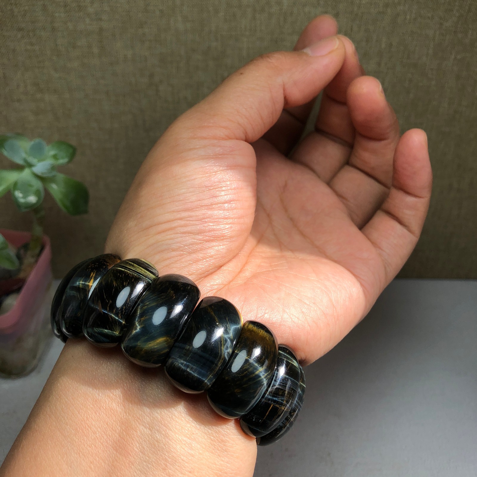 24-12-6mm Natural tiger eye slice quartz Crystal Hand cut polish bracelet A1390