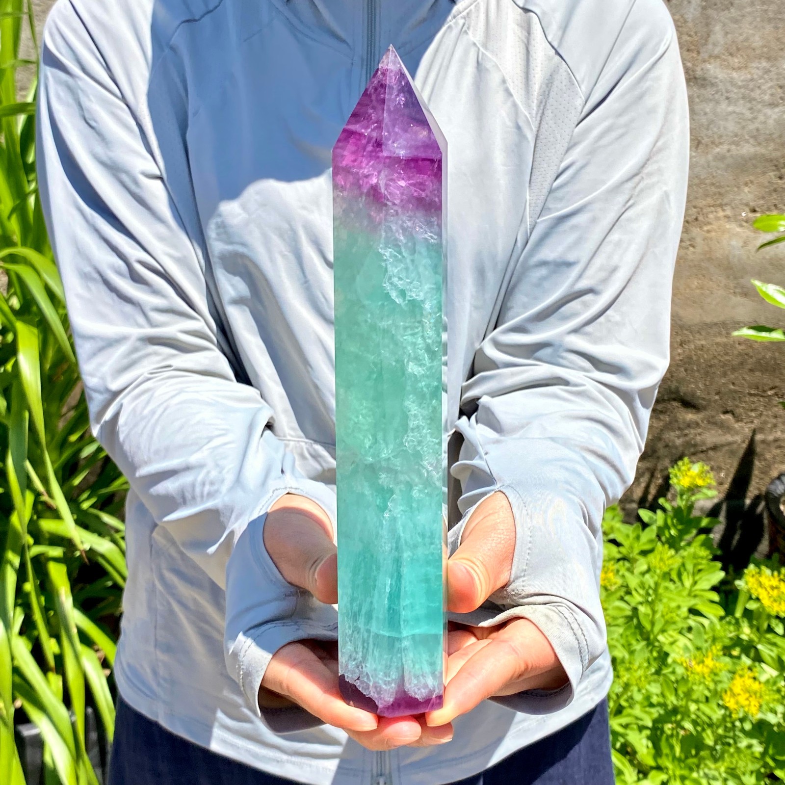2.16LB Natural Rainbow Fluorite Obelisk Quartz Crystal Wand Tower Point Healing