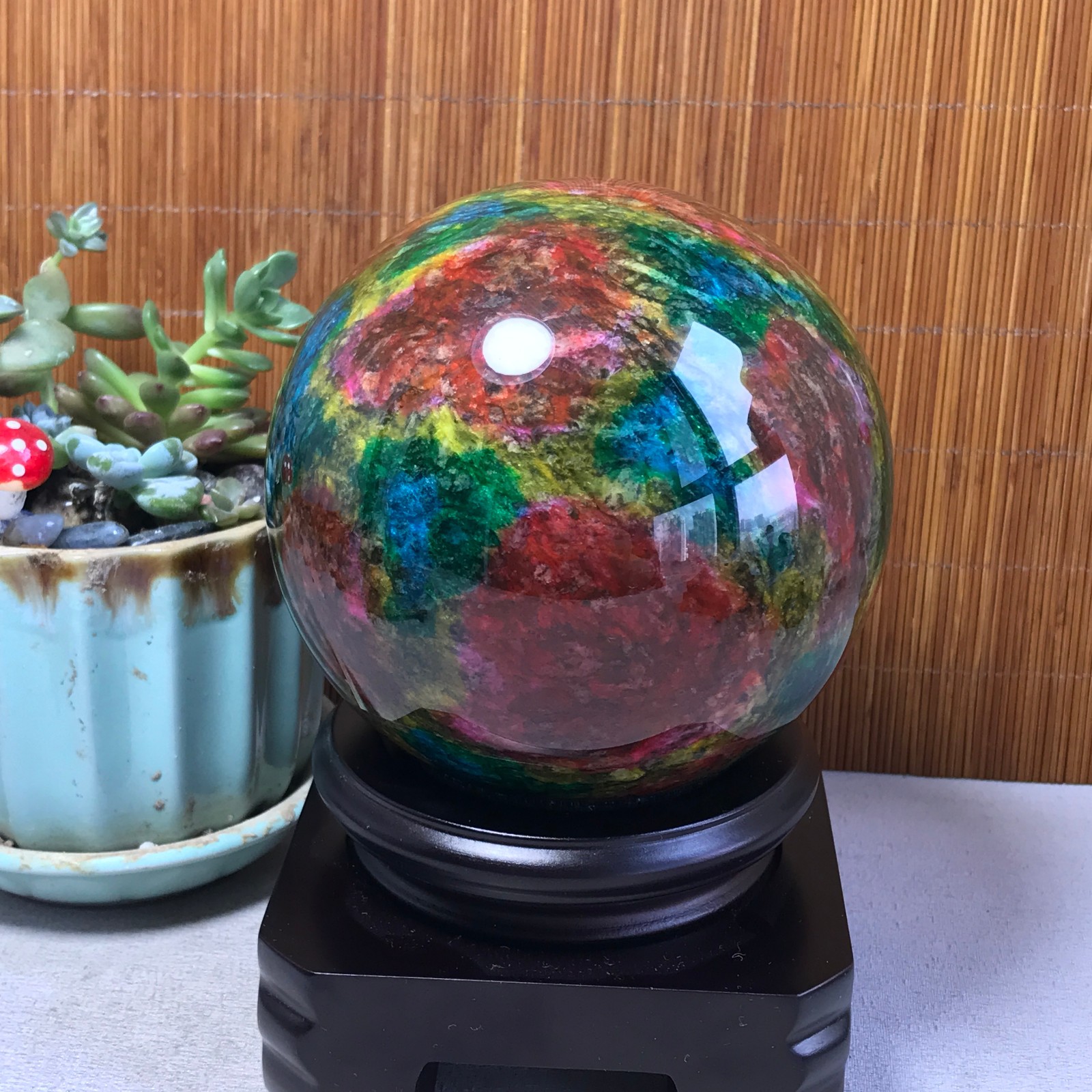 Natural “Seven Colors Jade” sphere Ball -Taiwan China 1.85kg Base Random A5809