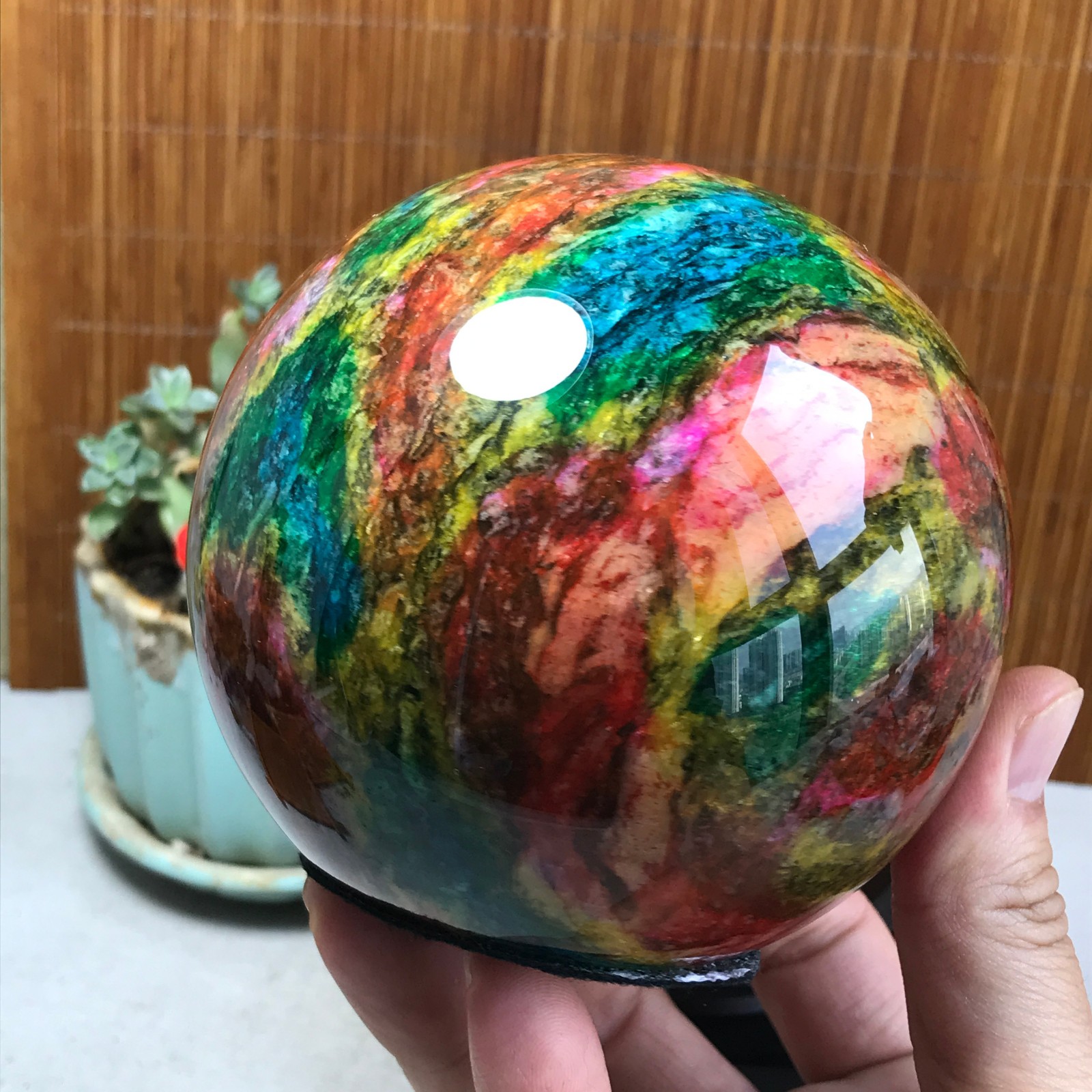 Natural “Seven Colors Jade” sphere Ball -Taiwan China 1.85kg Base Random A5809