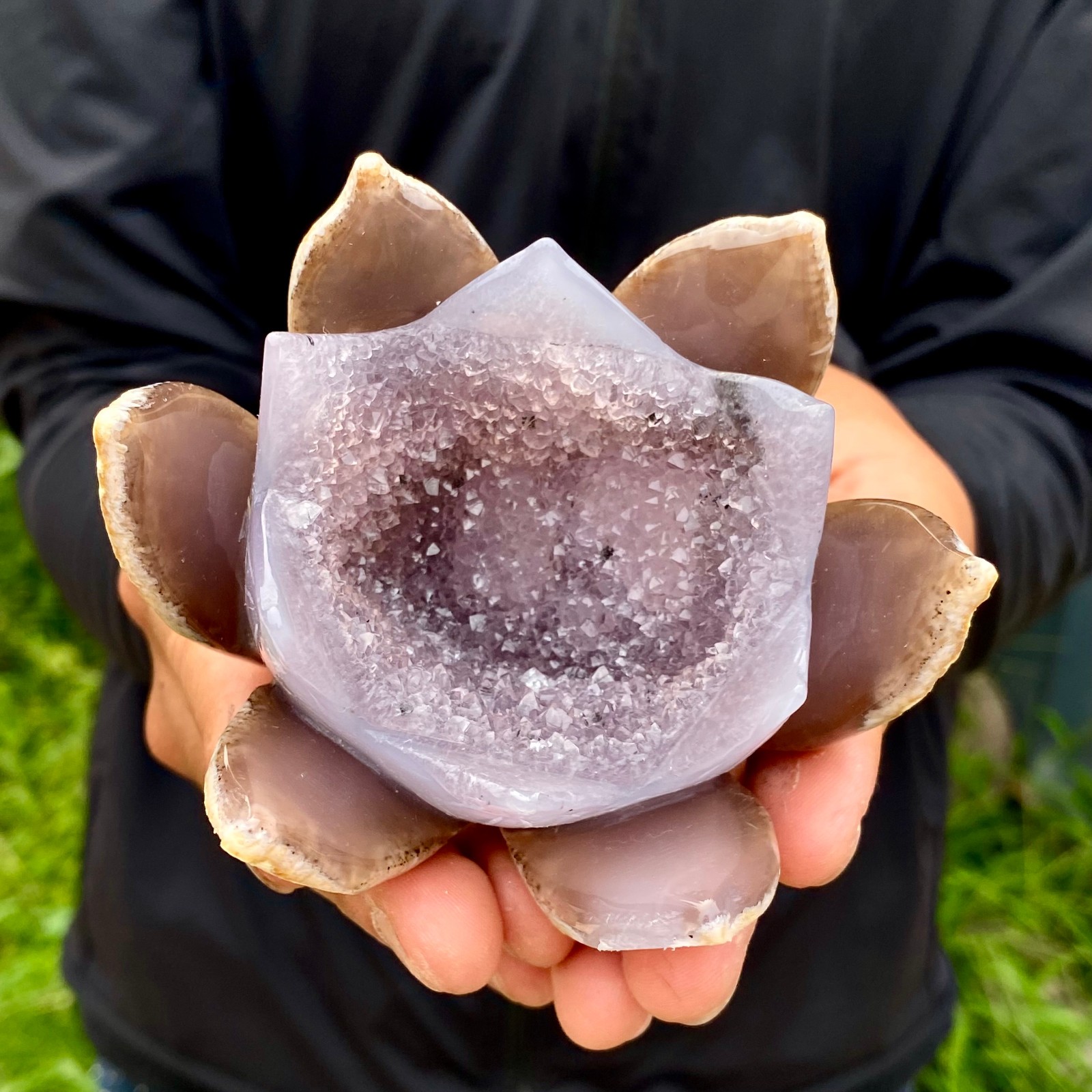 300G Natural Agate Geode Carved Lotus Flower, Hand Carved Healing Crystal Home