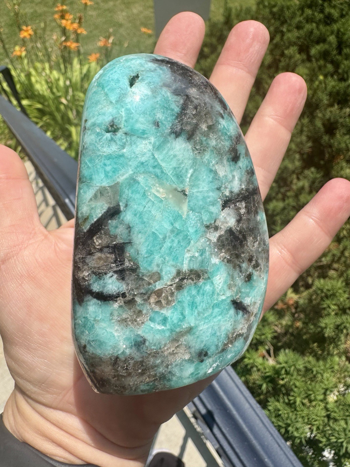 Vibrant Polished amazonite With Smoky Quartz Freeform.