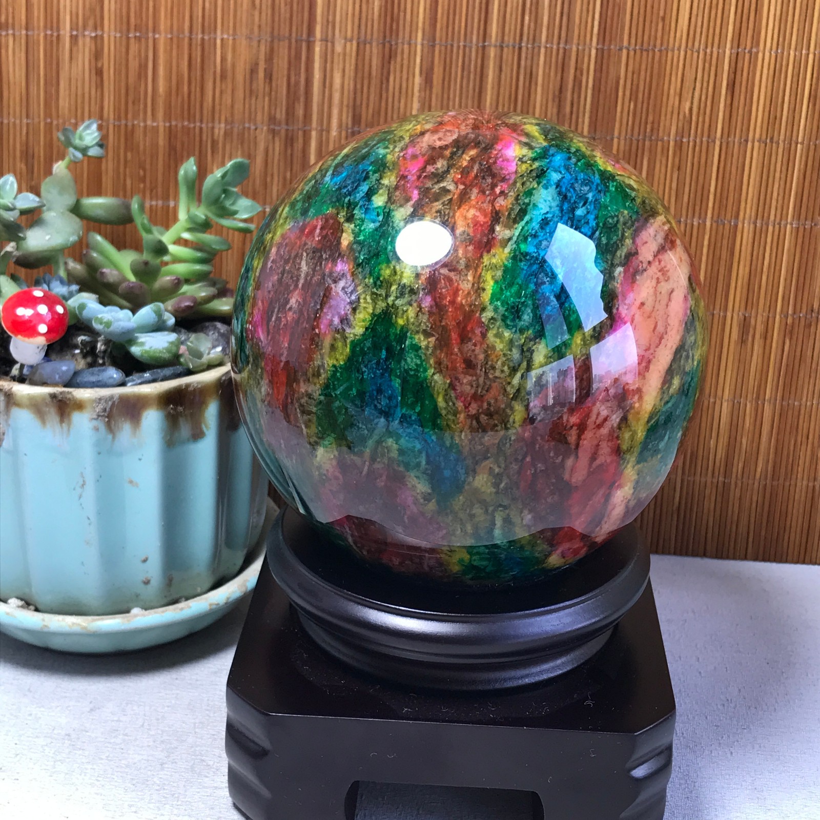 Natural “Seven Colors Jade” sphere Ball -Taiwan China 1.85kg Base Random A5809