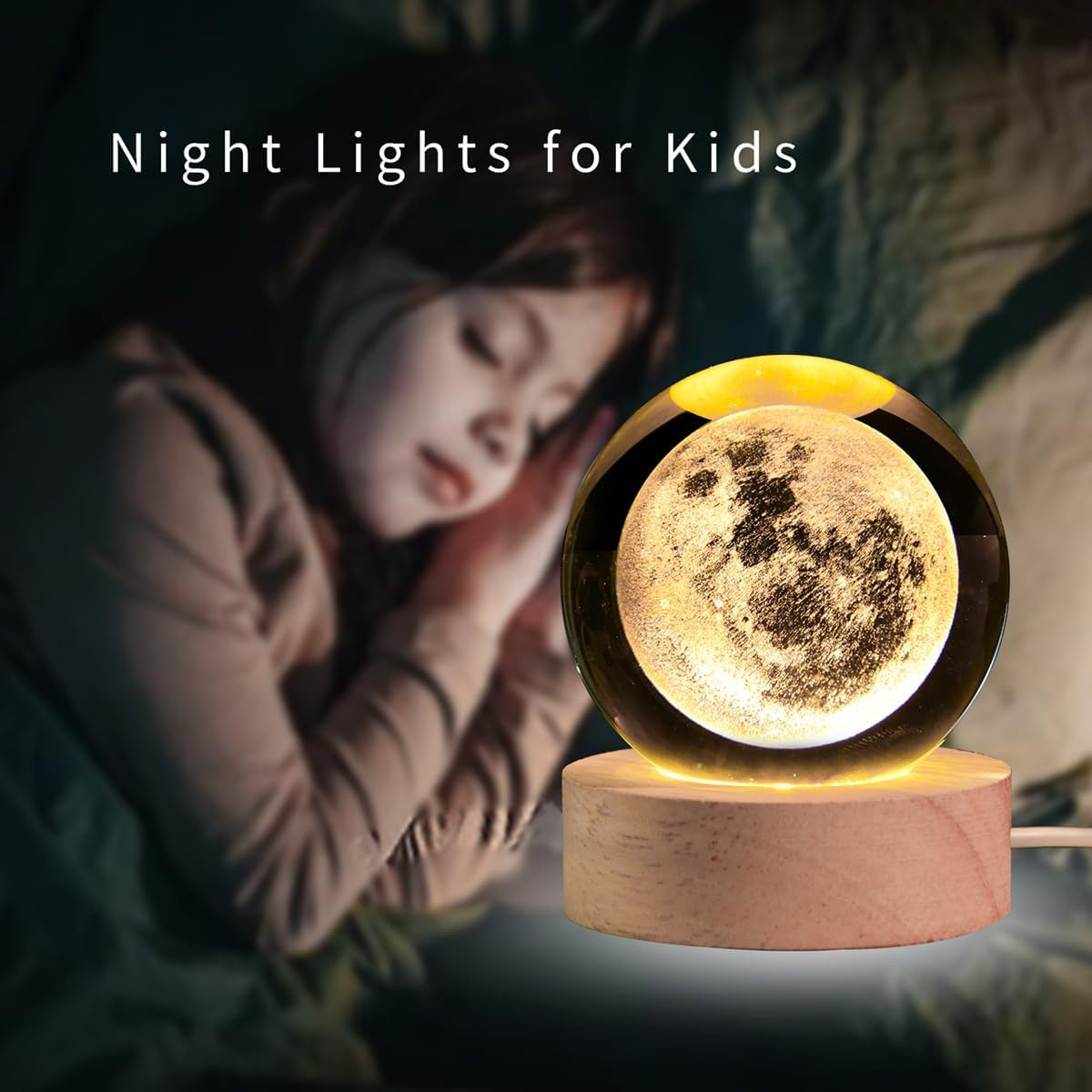 3D Moon Crystal Ball with LED Stand, Moon Figurine Decor Glass Sphere Lamp, Spac