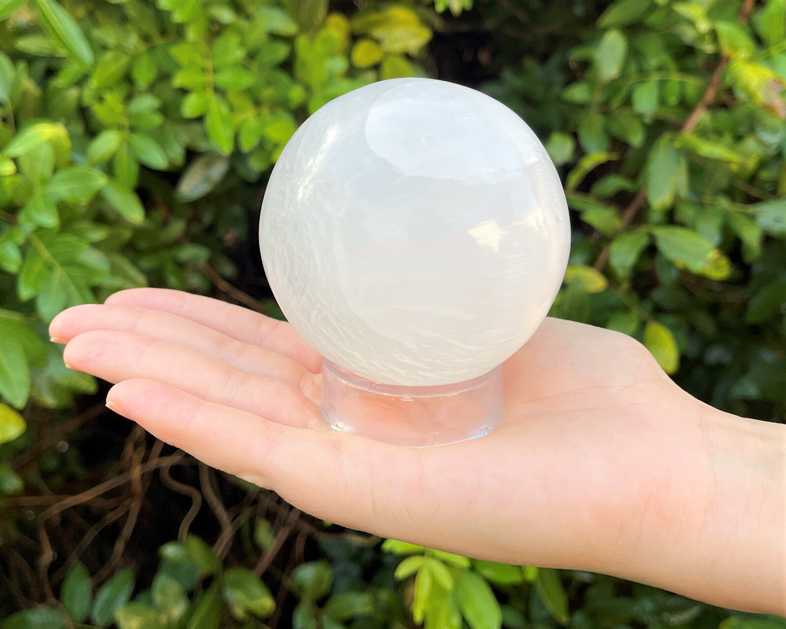 Selenite Crystal Sphere + Stand, JUMBO 3″ (Polished Selenite Crystal Healing)