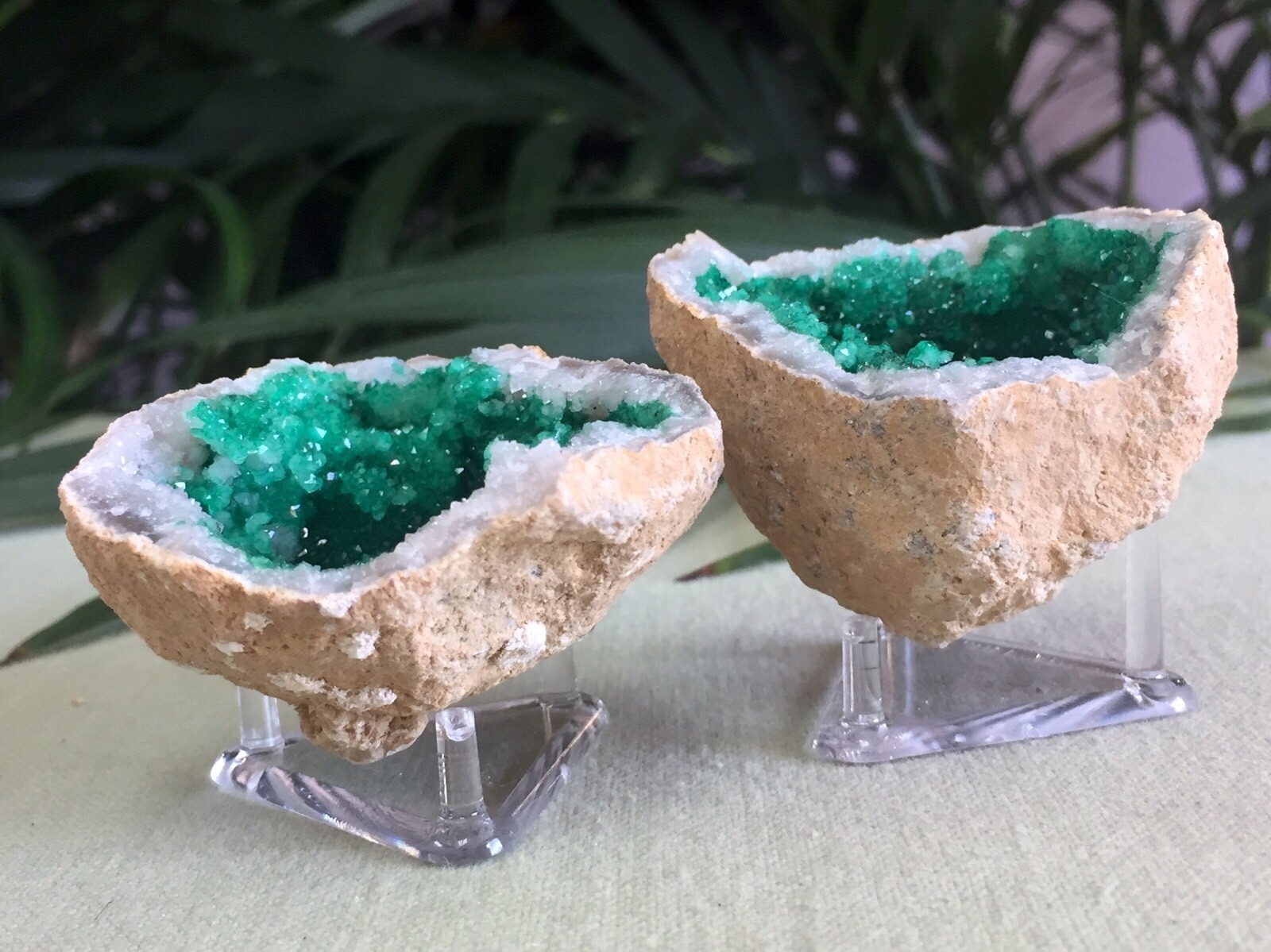 Green Geode Pair Geode Crystal Quartz Druze Specimen Morocco Geode Half