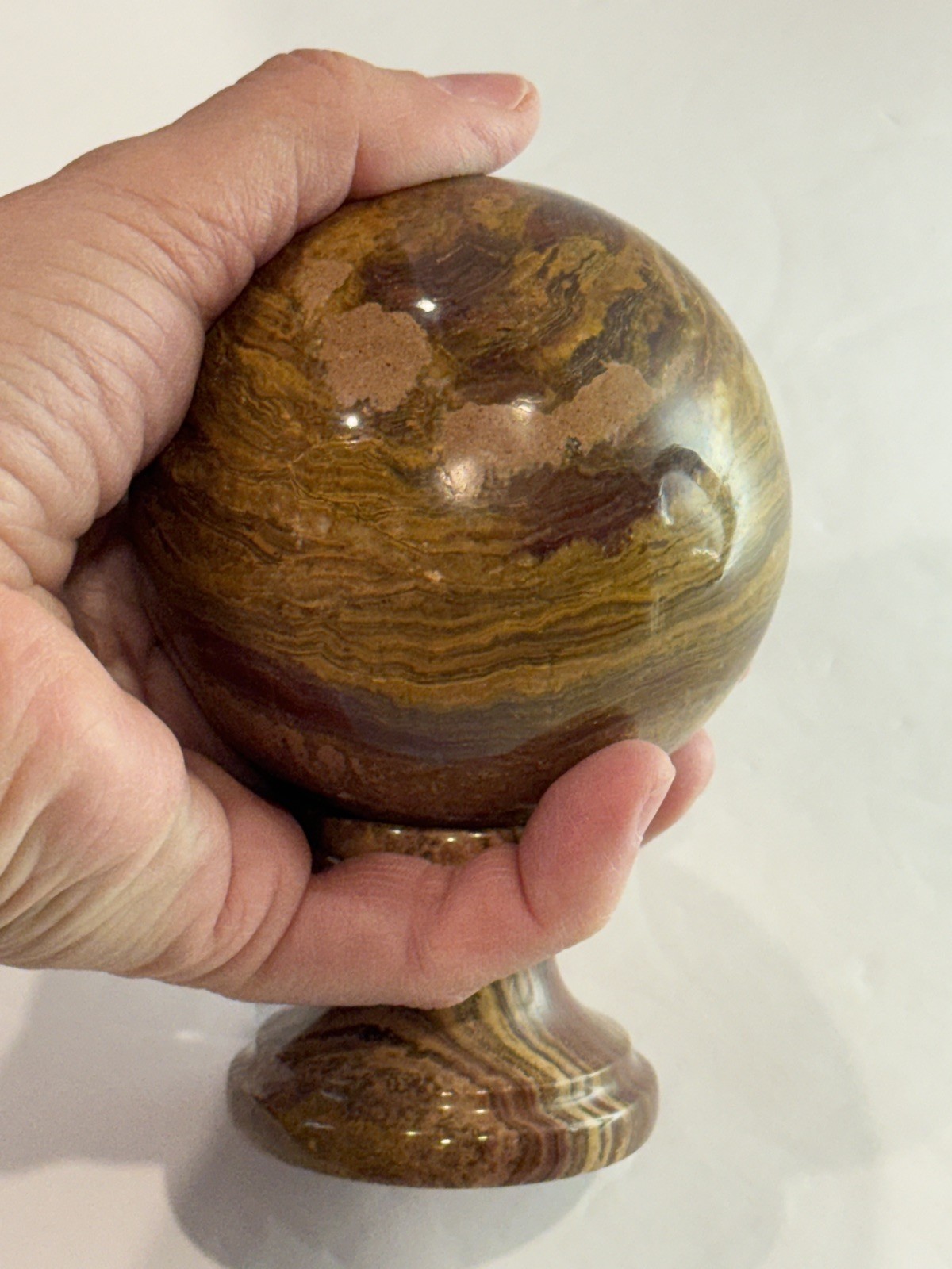 Collector-Grade Banded 🤎 Brown Onyx Sphere on Pedestal • 631g Natural Stone