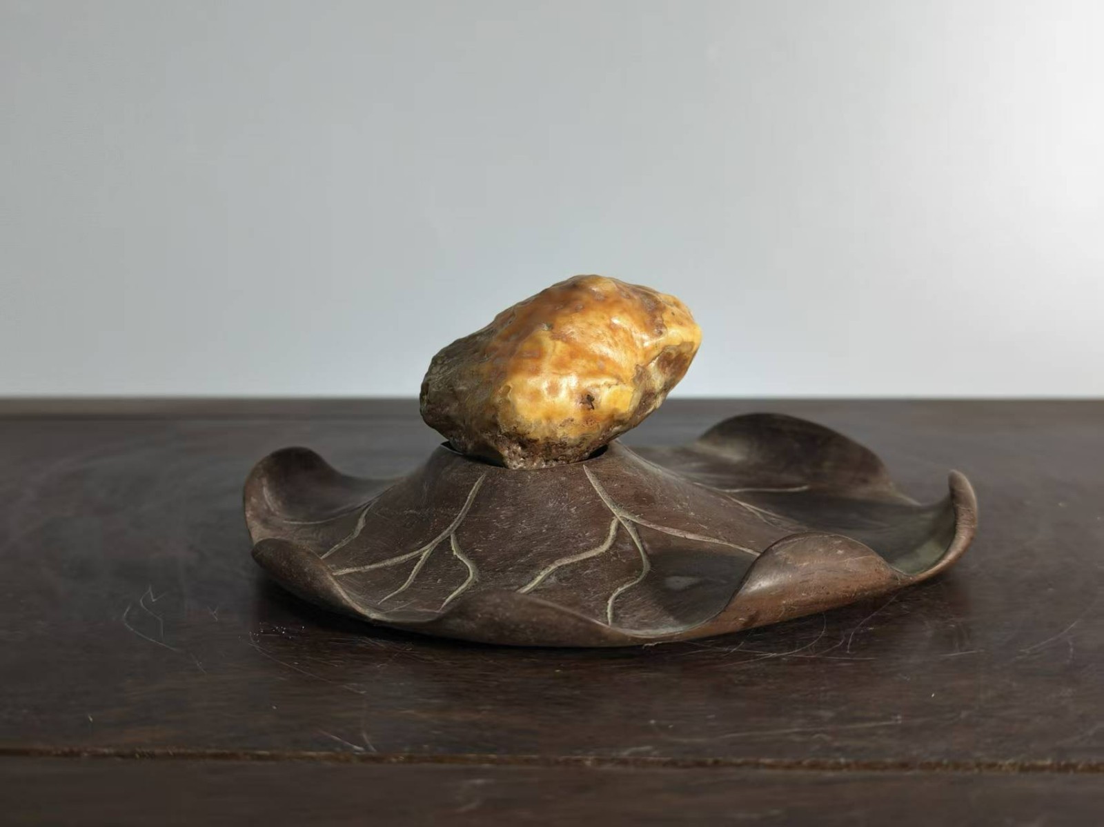 #11050. Suiseki-Fine Gobi Stone Desert Lacquer – Golden Toad Resting on Lotus