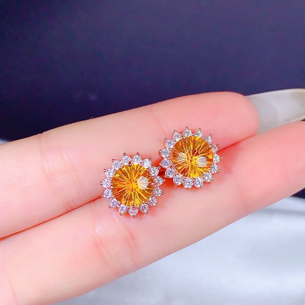Natural Citrine sunflower Stud Earrings Gemstone S925 Silver Plated18K Gold Gift