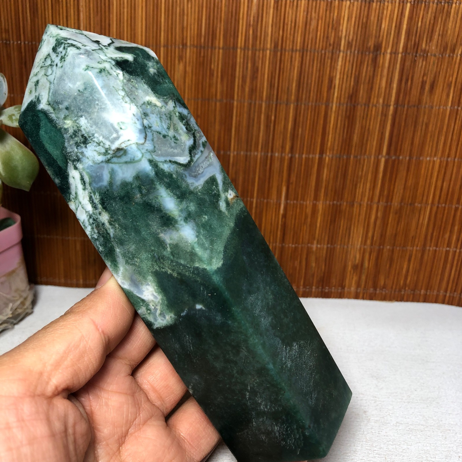 157mm Natural Polish Moss Agate Multiple veins Crystal Wand free standing A2286